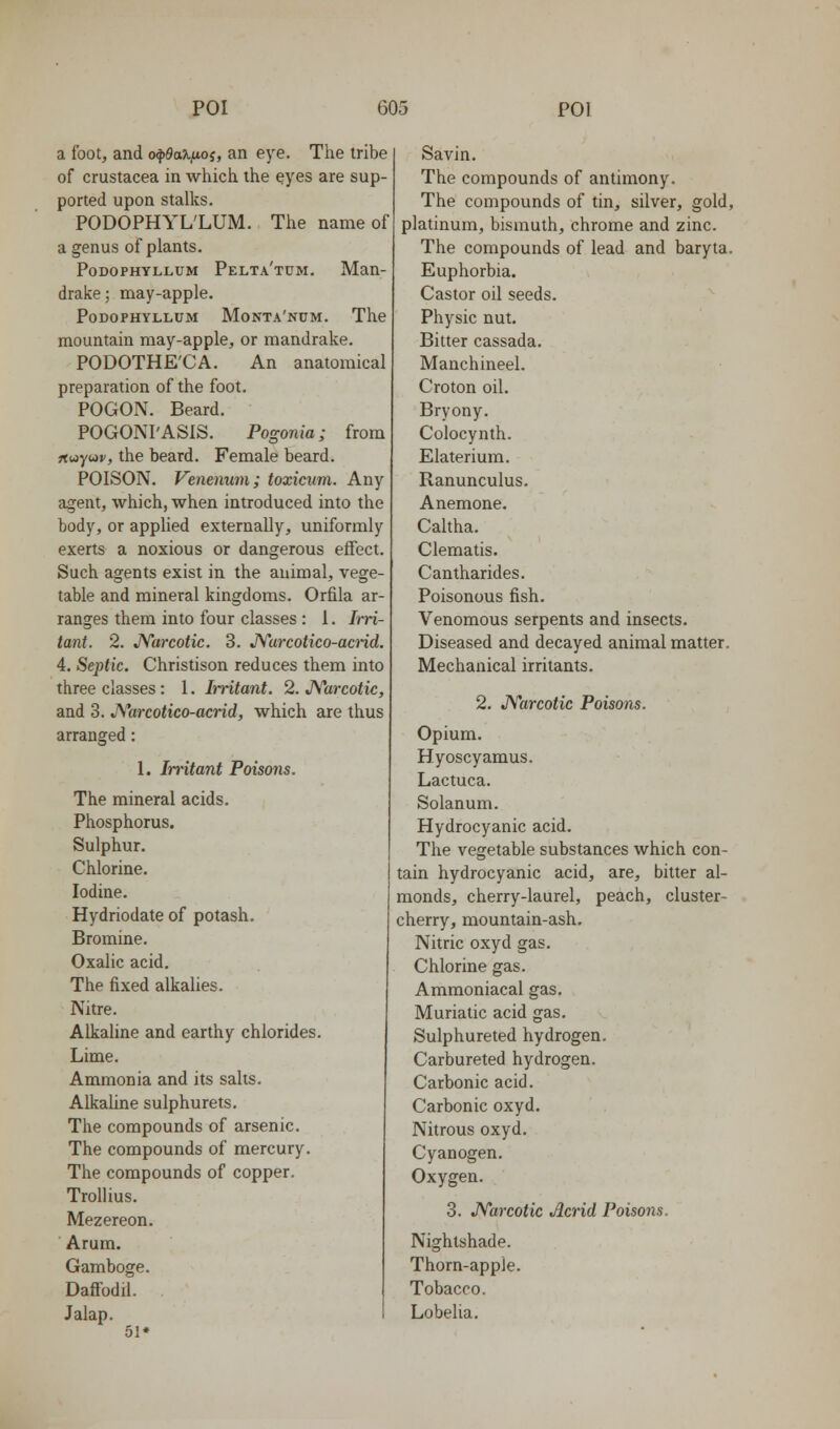 a foot, and o^flaJi/toj, an eye. The tribe of Crustacea in which the eyes are sup- ported upon stalks. FODOFHYL'LUM. The name of a genus of plants. Podophyllum Pelta'tum. Man- drake ; may-apple. Podophyllum Monta'num. The mountain may-apple, or mandrake. PODOTHE'CA. An anatomical preparation of the foot. POGON. Beard. POGONI'ASIS. Pogonia; from jtwyor, the beard. Female beard. POISON. Venenum; toxicum. Any agent, which, when introduced into the body, or applied externally, uniformly exerts a noxious or dangerous effect. Such agents exist in the animal, vege- table and mineral kingdoms. Orfila ar- ranges them into four classes : 1. Irri- tant. 2. JVarcotic. 3. JVurcotico-acrid. 4. Septic. Christison reduces them into three classes: 1. Irritant. 2. A'arcotic, and 3. JYarcotico-acrid, which are thus arranged: 1. In'itant Poisons. The mineral acids. Phosphorus. Sulphur. Chlorine. Iodine. Hydriodate of potash. Bromine. Oxalic acid. The fixed alkalies. Nitre. Alkaline and earthy chlorides. Lime. Ammonia and its salts. Alkaline sulphurets. The compounds of arsenic. The compounds of mercury. The compounds of copper. Trollius. Mezereon. ■ Arum. Gamboge. Daffodil. Jalap. 51* Savin. The compounds of antimony. The compounds of tin, silver, gold, platinum, bismuth, chrome and zinc. The compounds of lead and baryta. Euphorbia. Castor oil seeds. Physic nut. Bitter cassada. Manchineel. Croton oil. Bryony. Colocynth. Elaterium. Ranunculus. Anemone. Caltha. Clematis. Cantharides. Poisonous fish. Venomous serpents and insects. Diseased and decayed animal matter. Mechanical irritants. 2. JVarcotic Poisons. Opium. Hyoscyamus. Lactuca. Solanum. Hydrocyanic acid. The vegetable substances which con- tain hydrocyanic acid, are, bitter al- monds, cherry-laurel, peach, cluster- cherry, mountain-ash. Nitric oxyd gas. Chlorine gas. Ammoniacal gas. Muriatic acid gas. Sulphureted hydrogen. Carbureted hydrogen. Carbonic acid. Carbonic oxyd. Nitrous oxyd. Cyanogen. Oxygen. 3. JVarcotic Acrid Poisons. Nightshade. Thorn-apple. Tobacco. Lobelia.