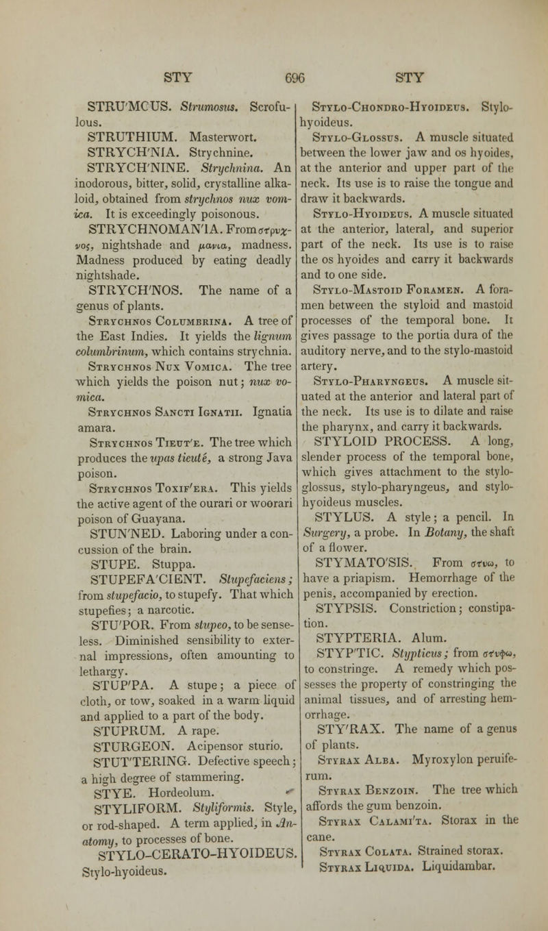 STRU'MCUS. Stninwsiis. Scrofu- lous. STRUTHIUM. Masterwort. STRYCH'NIA. Strychniae. STRYCH'NINE. Strychnina. An iaodorous, bitter^ solid, crystalline alka- loid, obtained from st-ychnos nux vom- ica. It is exceedingly poisonous. STRYCHNOMAN'IA. Fromffrpv;t- voi, nightshade and ^owia, madness. Madness produced by eating deadly nightshade. STRYCH'NOS. The name of a genus of plants. Strychnos CoLUMBRiNA. A tree of the East Indies. It yields the lignum columbriniim, which contains strychnia. Strychnos Nux Vomica. The tree which yields the poison nut; nux vo- mica. Strychnos Sancti Ignatii. Ignatia araara. Strychnos Tiect'e. The tree which produces the iipas tieuie, a strong Java poison. Strychnos Toxif'era. This yields the active agent of the ourari or woorari poison of Guayana. STUN'NED. Laboring under a con- cussion of the brain. STUPE. Stuppa. STUPEF A'CI ENT. Slupefaciens; from stupefacio, to stupefy. That which stupefies; a narcotic. STU'POR. From stupeo, to be sense- less. Diminished sensibility to exter- nal impressions, often amounting to lethargy. STUP'PA. A stupe; a piece of cloth, or tow, soaked in a warm liquid and applied to a part of the body. STUPRUM. A rape. STURGEON. Acipensor sturio. STUT'TERING. Defective speech; a high degree of stammering. STYE. Hordeolum. -^ STYLIFORM. Styliformis. Style, or rod-shaped. A term applied, in An- atomy, to processes of bone. STYLO-CERATO-HYOIDEUS. Stylo-hyoideus. Stylo-Chondro-Hyoideus. Stylo- hyoideus. Stylo-Glossus. A muscle situated between the lower jaw and os hyoides, at the anterior and upper part of the neck. Its use is to raise the tongue and draw it backwards. Stylo-Hyoidecs. a muscle situated at the anterior, lateral, and superior part of the neck. Its use is to raise the OS hyoides and carry it backwards and to one side. Stylo-Mastoid Foramen. A fora- men between the styloid and mastoid processes of the temporal bone. It gives passage to the portia dura of the auditory nerve, and to the stylo-mastoid artery. Stylo-Pharyngeus. a muscle sit- uated at the anterior and lateral part of the neck. Its use is to dilate and raise the pharynx, and carry it backwards. STYLOID PROCESS. A long, slender process of the temporal bone, which gives attachment to the stylo- glossus, stylo-pharyngeus, and stylo- hyoideus muscles. STYLUS. A style; a pencil. In Surgery, a probe. In Botany, the shaft of a flower. STYMATO'SIS. From atw, to have a priapism. Hemorrhage of the penis, accompanied by erection. STYPSIS. Constriction; constipa- tion. STYPTERIA. Alum. STYPTIC. Slypticus; from otv/pu, to constringe. A remedy which pos- sesses the property of constringing the animal tissues, and of arresting hem- orrhage. STY'RAX. The name of a genus of plants. Styrax Alba. Myroxylon peruife- rum. Styrax Benzoin. The tree which affords the gum benzoin. Styrax Calami'ta. Storax in the cane. Styrax Colata. Strained storax. Styrax Liruida. Liquidambar.