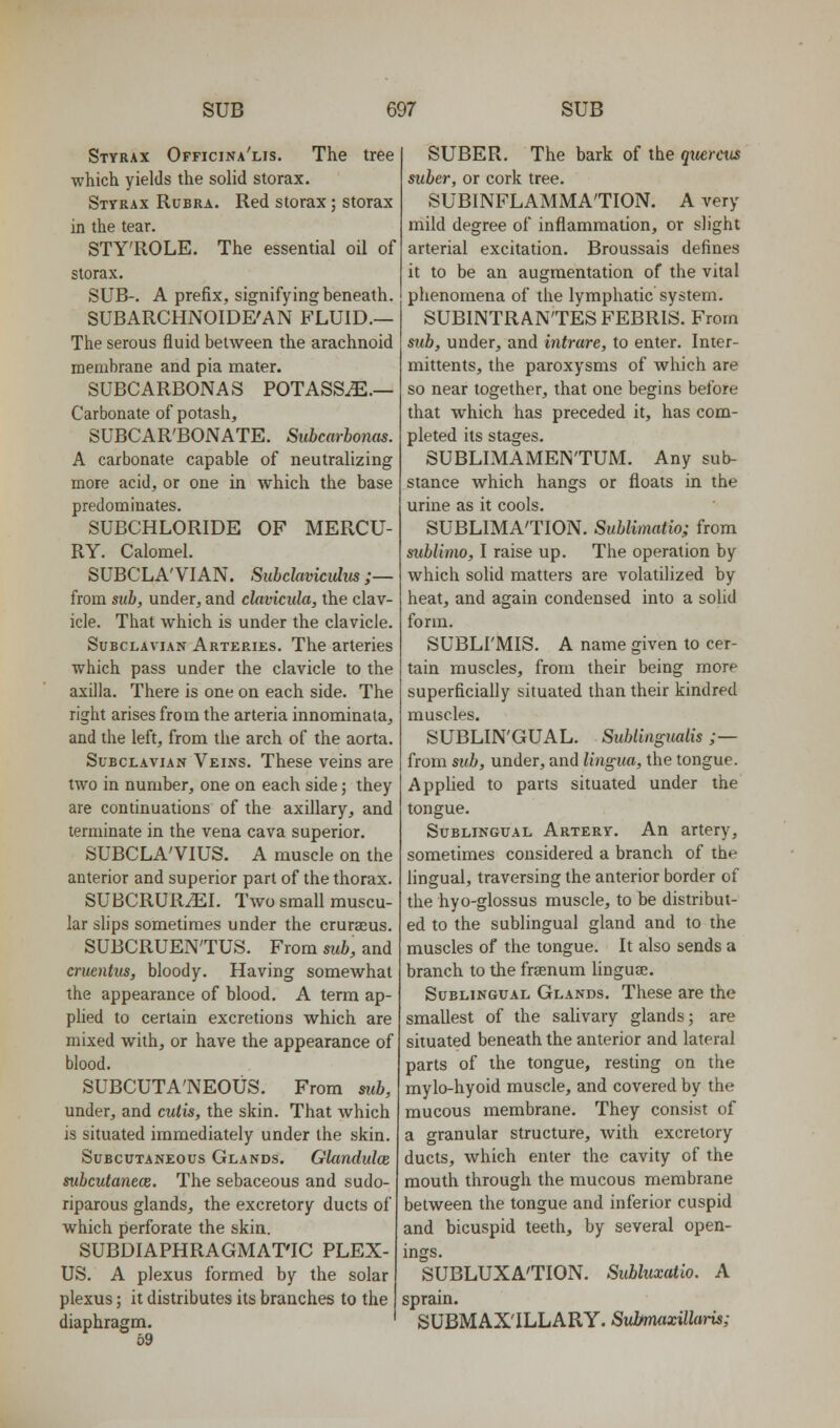 Styrax Officina'lis. The tree which yields the solid storax. Styrax Rubra. Red storax ; storax in the tear. STY'ROLE. The essential oil of storax. SUB-. A prefix, signifying beneath. SUBARCHNOIDE'AN FLUID.— The serous fluid between the arachnoid membrane and pia mater. SUBCARBONAS POTASSiE.— Carbonate of potasii, SUBCAR'BONATE. Subcarbonas. A carbonate capable of neutralizing more acid, or one in which the base predominates. SUBCHLORIDE OF MERCU- RY. Calomel. SUBCLA'VIAN. Subdavicxdm ;— from sub, under, and clavicida, the clav- icle. That which is under the clavicle. Subclavian Arteries. The arteries which pass under the clavicle to the axilla. There is one on each side. The right arises from the arteria innominata, and the left, from the arch of the aorta. Subclavian Veins. These veins are two in number, one on each side; they are continuations of the axillary, and terminate in the vena cava superior. SUBCLA'VIUS. A muscle on the anterior and superior part of the thorax. SUBCRUR^I. Two small muscu- lar slips sometimes under the crurseus. SUBCRUEN'TUS. From sub, and cruentus, bloody. Having somewhat the appearance of blood. A term ap- plied to certain excretions which are mixed with, or have the appearance of blood. SUBCUTA'NEOUS. From mb, under, and cutis, the skin. That which is situated immediately under the skin. Subcutaneous Glands. Glandulae, subcutanece. The sebaceous and sudo- riparous glands, the excretory ducts of which perforate the skin. SUBDIAPHRAGMATTC PLEX- US. A plexus formed by the solar plexus; it distributes its branches to the diaphragm. 59 SUBER. The bark of the qtiercus suber, or cork tree. SUBINFLAMMA'TION. A very mild degree of inflammation, or slight arterial excitation. Broussais defines it to be an augmentation of the vital phenomena of the lymphatic system. SUBINTRAN'TES FEBRIS. From sub, under, and intrare, to enter. Inter- mittents, the paroxysms of which are so near together, that one begins before that which has preceded it, has com- pleted its stages. SUBLLMAMEN'TUM. Any sub- stance which hangs or floats in the urine as it cools. SUBLIMA'TION. Sublimatio; from sublimo, I raise up. The operation by which solid matters are volatilized by heat, and again condensed into a solid form. SUBLI'MIS. A name given to cer- tain muscles, from their being more superficially situated than their kindred muscles. SUBLIN'GUAL. Sublingualis ;— from sub, under, and lingua, the tongue. AppUed to parts situated under the tongue. Sublingual Artery. An artery, sometimes considered a branch of the lingual, traversing the anterior border of the hyo-glossus muscle, to be distribut- ed to the sublingual gland and to the muscles of the tongue. It also sends a branch to the fraenum linguae. Sublingual Glands. These are the smallest of the salivary glands; are situated beneath the anterior and lateral parts of the tongue, resting on the mylo-hyoid muscle, and covered by the mucous membrane. They consist of a granular structure, with excretory ducts, which enter the cavity of the mouth through the mucous membrane between the tongue and inferior cuspid and bicuspid teeth, by several open- ings. SUBLUXA'TION. Subluxatio. A sprain. SUBMAXILLARY. Submaxillaris;