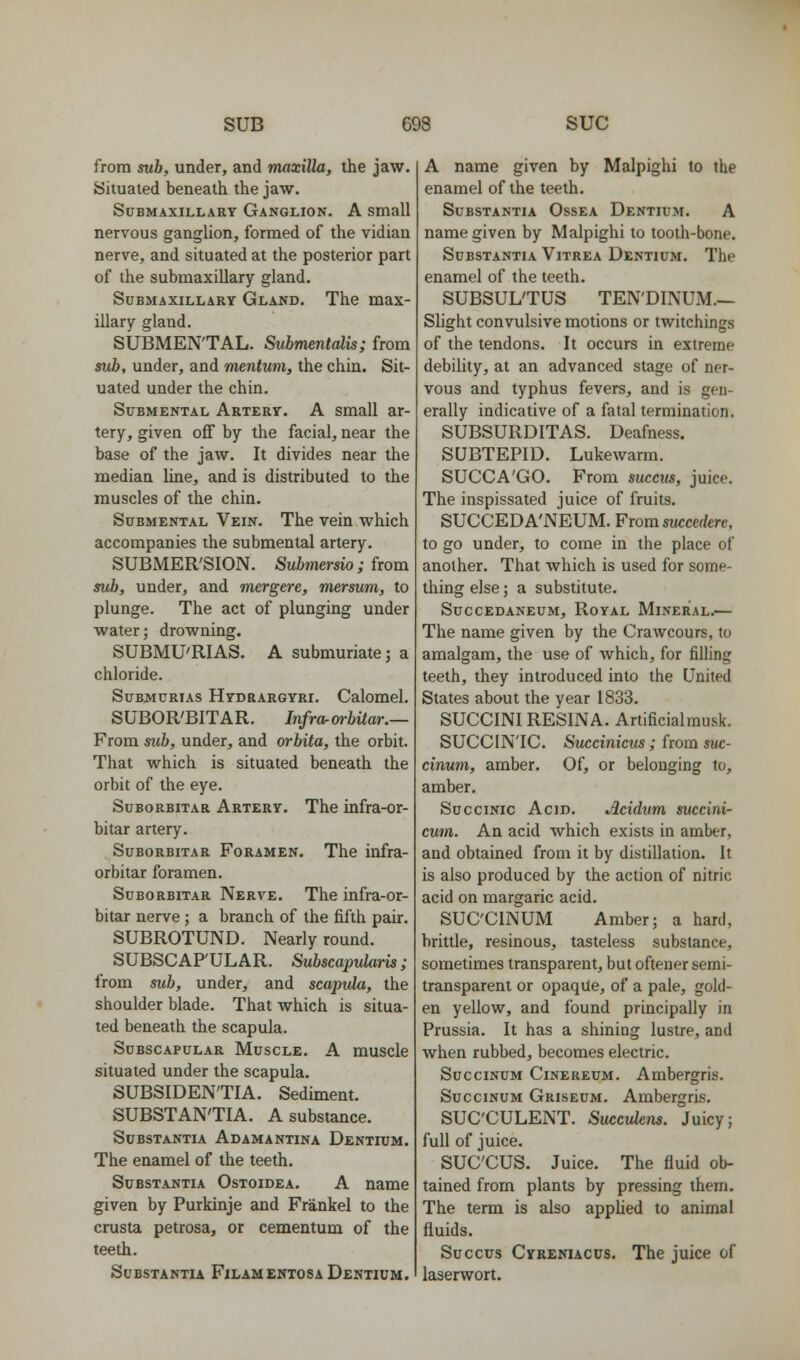 from sub, under, and maxilla, the jaw. Situated beneath the jaw. Submaxillary Ganglion. A small nervous ganglion, formed of the vidian nerve, and situated at the posterior part of the submaxillary gland. Submaxillary Gland. The max- illary gland. SUBMENTAL. Submentdis; from sub, under, and mentum, the chin. Sit- uated under the chin. Submental Artery. A small ar- tery, given off by the facial, near the base of the jaw. It divides near the median line, and is distributed to the muscles of the chin. Submental Vein. The vein which accompanies the submental artery. SUBMER'SION. Submersio ; (lom sub, under, and mergere, mersum, to plunge. The act of plunging under water; drowning. SUBMU'RIAS. A submuriate; a chloride. Submurtas Hydrargyri. Calomel. SUBOR'BITAR. Infrororbitar.— From sub, under, and orbita, the orbit. That which is situated beneath the orbit of the eye. Suborbitar Artery. The infra-or- bitar artery. Suborbitar Foramen. The infra- orbitar foramen. Suborbitar Nerve. The infra-or- bitar nerve ; a branch of the fifth pair. SUBROTUND. Nearly round. SUBSCAPULAR. Subscapularis; from sub, under, and scapula, the shoulder blade. That which is situa- ted beneath the scapula. Subscapular Muscle. A muscle situated under the scapula. SUBSIDEN'TIA. Sediment. SUBSTANTIA. A substance. Substantia Adamantina Dentium. The enamel of the teeth. Substantia Ostoidea. A name given by Purkinje and Frankel to the crusta petrosa, or cementum of the teeth. SUBSTANTU FiI,AM£NTOSAD£IITIUM. A name given by Malpighi to the enamel of the teeth. Substantia Ossea Dentium. A name given by Malpighi to tooth-bone. Substantia Vitrea Dentium. The enamel of the teeth. SUBSULTUS TEN'DINUM.— Shght convulsive motions or twitchings of the tendons. It occurs in extreme debility, at an advanced stage of ner- vous and typhus fevers, and is gen- erally indicative of a fatal termination. SUBSURDITAS. Deafness. SUBTEPID. Lukewarm. SUCCA'GO. From succus, juice. The inspissated juice of fruits. SUCCEDA'NEUM. From smcedere, to go under, to come in the place of another. That which is used for some- thing else; a substitute. Succedaneum, Royal Mineral.— The name given by the Crawcours, to amalgam, the use of which, for filling teeth, they introduced into the United States about the year 1833. SUCCINI RESINA. Artificialmusk. SUCCINIC. Succinicus; from suc- cinum, amber. Of, or belonging to, amber. Succinic Acid. Acidum succini- cum. An acid which exists in amber, and obtained from it by distillation. It is also produced by the action of nitric acid on margaric acid. SUC'CINUM Amber; a hard, brittle, resinous, tasteless substance, sometimes transparent, but oftener semi- transparent or opaqUe, of a pale, gold- en yellow, and found principally in Prussia. It has a shining lustre, and when rubbed, becomes electric. SucciNUM Cinereum. Ambergris. SucciNUM Griseum. Ambergris. SUCCULENT. Succukns. Juicy; full of juice. SUCCUS. Juice. The fluid ob- tained from plants by pressing them. The term is also appUed to animal fluids. Succus Cyeeniacus. The juice of laserwort.