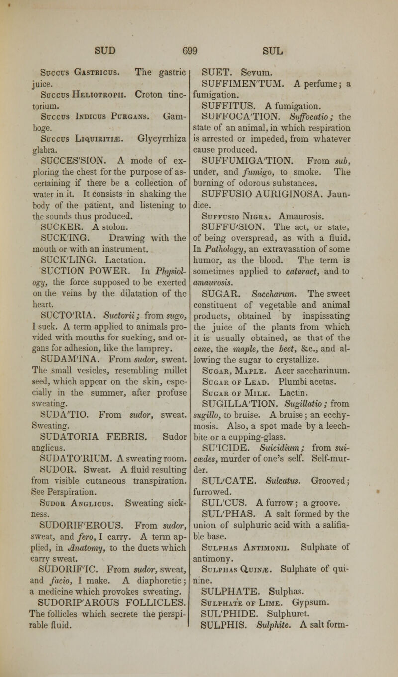 Soccus Gastricus. The gastric juice. Sneers Heliotropii. Croton tinc- torium. Succus Indicus PiTRGANs. Gam- boge. Suceus LiauiRiTi^. Glycyrrhiza glabra. SUCCES'SION. A mode of ex- ploring the chest for the purpose of as- certaining if there be a collection of water in it. It consists in shaking the body of the patient, and listening to the sounds thus produced. SUCKER. A stolon. SUCKING. Drawing with the mouth or with an instrument. SUCK'LING. Lactation. SUCTION POWER. In Physiol- ogy, the force supposed to be exerted on the veins by the dilatation of the heart. SUCTO'RIA. Sudorii; (rom siigo, I suck. A term applied to animals pro- vided with mouths for sucking, and or- gans for adhesion, like the lamprey. SUDAM'INA. From sudor, sweat. The small vesicles, resembling miUet seed, which appear on the skin, espe- cially in the summer, after profuse sweating. SUDA'TIO. From sudor, sweat. Sweating. SUDATORIA FEBRIS. Sudor anglicus. SUDATO'RIUM. A sweating room. SUDOR. Sweat. A fluid resulting from visible cutaneous transpiration. See Perspiration. Sudor Anglicus. Sweating sick- ness. SUDORIF'EROUS. From sudor, sweat, and fero, I carry. A term ap- plied, in Anatomy, to the ducts which carry sweat. SUDORIFIC. From mdw, sweat, and facio, I make. A diaphoretic; a medicine which provokes sweating. SUDORIPAROUS FOLLICLES. The folHcles which secrete the perspi- rable fluid. SUET. Sevum. SUFFIMEN'TUM. A perfume; a fumigation. SUFFITUS. A fumigation. SUFFOCA'TION. Suffocatio; the state of an animal, in which respiration is arrested or impeded, from whatever cause produced. SUFFUMIGA'TION. From sub, under, and fumigo, to smoke. The burning of odorous substances. SUFFUSIO AURIGINOSA. Jaun- dice. SuFFusio Nigra. Amaurosis. SUFFU'SION. The act, or state, of being overspread, as with a fluid. In Pathology, an extravasation of some humor, as the blood. The term is sometimes applied to cataract, and to amaurosis. SUGAR. Saccharum. The sweet constituent of vegetable and animal products, obtained by inspissating the juice of the plants from which it is usually obtained, as that of the cane, the maple, the beet, &c., and al- lowing the sugar to crystallize. Sugar, Maple. Acer saccharinum. Sugar of Lead. Plumbi acetas. Sugar of Milk. Lactin. SUGILLA'TION. Sugillatio ; from sugillo, to bruise. A bruise; an ecchy- mosis. Also, a spot made by a leech- bite or a cupping-glass. SU'ICIDE. Suicidium; from sui- ccedes, murder of one's self. Self-mur- der. SUL'CATE. Sulcatus. Grooved; furrowed. SUL'CUS. A furrow; a groove. SUL'PHAS. A salt formed by the union of sulphuric acid with a salifia- ble base. Sulphas Antimonii. Sulphate of antimony. Sulphas Q,uiNiE. Sulphate of qui- nine. SULPHATE. Sulphas. Sulphate of Lime. Gypsum. SUL'PHIDE. Sulphuret. SULPHIS. Sulphite. A salt form-