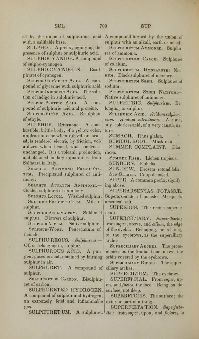 od by the union of sulphurous acid with a salifiable base. SULPHO-. A prefix, signifying the presence of sulphur or sulphuric acid. SULPHOCYANIDE. A compound of sulpho-cyanogen. SULPHO-CYA'NOGEN. Bisul- phurel of cyanogen. Sulpho-Gly'ceric Acid. A com- pound of glycerine with sulphuric acid. Sulpho-Indigotic Acid. The solu- tion of indigo in sulphuric acid. Sclpho-Pkoteic Acid. A com- pound of sulphuric acid and proteine. Sulpho-Vin'ic Acid. Bisulphate of ethyle. SULPHUR. Brimstone. A com- bustible, brittle body, of a yellow color, unpleasant odor when rubbed or heat- ed, is rendered electric by friction, vol- atiUzes when heated, and condenses unchanged. It is a volcanic production, and obtained in large quantities from Solfatara in Italy. Sulphur Antimonii Prjecipi'ta- TUM. Precipitated sulphuret of anti- mony. Sulphur Auratum Antimonii.— Golden sulphuret of antimony. Sulphur Lotum. Washed sulphur. Sulphur Prjecipita'tum. Milk of sulphur. I Sulphur Sublima'tum. Sublimed sulphur. Flowers of sulphur. Sulphur Vivum. Native sulphur. Sulphur-Wort. Peucedanum of- ficinale. SULPHU'REOUS. Sulphureus.— Of, or belonging to, sulphur. SULPHUROUS ACID. A pun- gent gaseous acid, obtained by burning sulphur in air. SULPHURET. A compound of sulphur. Sulphuret OF Carbon. Bisulphu- ret of carbon. SULPHURETED HYDROGEN. A compound of sulphur and hydrogen, an extremely fetid and inflammable gas. SULPHURET'UM. A sulphuret. A compound formed by the union of sulphur with an alkali, earth or metal. Sulphuretum Ammonite. Sulphu- ret of ammonia. Sulphuretum Calcii, Sulphuret of calcium. Sulphuretum Hvdrargyri Nig- rum. Blacksulphuret of mercury. Sulphuretum Sodii, Sulphuret of sodium. Sulphuretum Stibii Nativum.— Native sulphuret of antimony. SULPHU'RIC. Sulphuncm. Be- longing to sulphur. Sulphuric Acid. Acidum sulphuri- cum. Acidum vitriolicum. A fluid, oily, colorless acid, of a very caustic na- ture. SUMACH. Rhus glabra. SUMBULROOT. Musk root. SUMMER COMPLAINT. Diar- rhoea. Summer Rash. Lichen tropicus. SUNBURN. Ephelis. SUN-DEW. Drosera rotundifolia. Sun-Stroke. Coup de soleil. SUPER. A common prefix, signify- ing above. SUPERARSEN'IAS POTASSiE. Superarseniate of potash; Macquer's arsenical salt. SUPERBUS. The rectus superior oculi. SUPERCIL'IARY. Superciliam; from super, above, and cilium, the edge of the eyeUd. Belonging, or relating, to the eyebrows, as the superciliary arches. Superciliary Arches. The prom- inences on the frontal bone above the orbits covered by the eyebrows. Superciliary Ridges. The super- ciliary arches. SUPERCIL'IUM. The eyebrow. SUPERFI'CIAL. From super, up- on, and fades, the face. Being on the surface, not deep. SUPERFI'CIES. The surface; the exterior part of a thing. SUPERFCETA'TION. Superfoeta- tio ; from super, upon, and fcelare, to