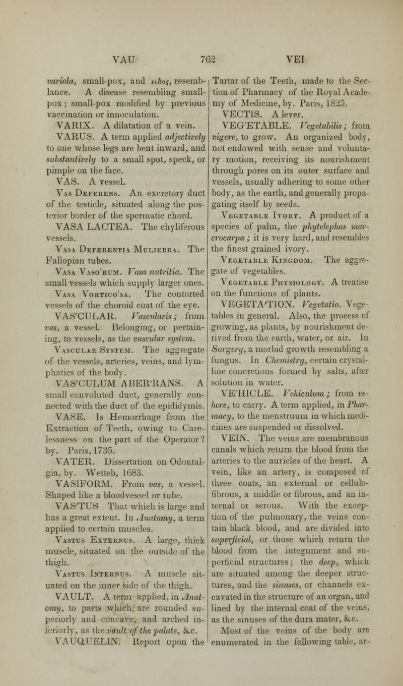 variola, small-pox, and tt5oj, resemb- lance. A disease resembling small- pox ; small-pox modified by previous vaccination or innoculation. VARIX. A dilatation of a vein. VARUS. A term applied adjectively to one whose legs are bent inward, and substantively to a small spot, speck, or pimple on the face. VAS. A vessel. Vas Deferens. An excretory duct of the testicle, situated along the pos- terior border of the spermatic chord. VASA LACTEA. The chyliferous vessels. Vasa Deferentia Muliebra. The Fallopian tubes. Vasa Vaso'rum. Vasa nulritia. The small vessels which supply larger ones. Vasa Vortico'sa. The contorted vessels of the choroid coat of the eye. VAS'CULAR. Vascularis; from vas, a vessel. Belonging, or pertain- ing, to vessels, as the vascular s}]s(cm. Vascular System. The aggregate of the vessels, arteries, veins, and lym- phatics of the body. VAS'CULUM 'aBER'RANS. A small convoluted duct, generally con- nected with the duct of the epididymis. VASE. Is Hemorrhage from the Extraction of Teeth, owing to Care- lessness on the part of the Operator ? by. Paris, 1735. VATER. Dissertation on Odontal- gia, by. Wetleb, 1683. VASIFORM. From vas, a vessel. Shaped like a bloodvessel or tube. VAS'TUS That which is large and has a great extent. In Anatomy, a term applied to certain muscles. Vastus Externus. A large, thick muscle^ situated on the outside of the thigh. Vastus Internus. A muscle sit- uated on the inner side of the thigh. VAULT. A term- applied, in Anat- omy, to parts .whifch: are rounded su- periorly and concave, and arched in- feriorly, as the Mult of the palate. Sec. VAUaUELIN. Report upon the Tartar of the Teeth, made to the Sec- tion of Pharmacy of the Royal Acade- my of Medicine, by. Paris, 1825. VECTIS. A lever. VEG'ETABLE. Fcg;ctahilis; from vigere, to grow. An organized body, not endowed with sense and volunta- ry motion, receiving its nourishment through pores on its outer surface and vessels, usually adhering to some other body, as the earth, and generally propa- gating itself by seeds. Vegetable Ivoky. A product of a species of palm, the phytekphas mur- crocarpa ; it is very hard, and resembles the finest grained ivory. Vegetable Kingdom. The aggre- gate of vegetables. Vegetable Physiology. A treatise on the functions of plants. VEGETA'TION. Vegetatio. Vege- tables in general. Also, the process of growing, as plants, by nourishment de- rived from the earth, water, or air. In Surgery, a morbid growth resembling a fungus. In CVtemiiiry, certain crystal- line concretions formed by sails, after solution in Avater. VE'HlCLE. Vchiculum; from ve- hcre, to carry. A term apphed, in Phar- macy, to the menstruum in which medi- cines are suspended or dissolved. VEIN. The veins are membranous canals which return the blood from the arteries to the auricles of the heart. A vein, like an artery, is composed of three coats, an external or cellulo- fibrous, a middle or fibrous, and an in- ternal or serous. With the excep- tion of the pulmonary, the veins con- tain black blood, and are divided into superficial, or those which return the blood from the integument and su- perficial structures; the deep, Avhich are situated among the deeper struc- tures, and the sinuses, or channels ex- cavated in the structure of an organ, and lined by the internal coat of the veins, as the sinuses of the dura mater, &c. Most of the veins of the body are enumerated in the following tabli.', ar-