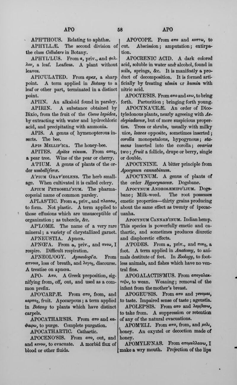 APHTHOUS. Relating to aphthae. APHYLLiE. The second division of the class Ccllulars in Botany. APHYL'LUS. From a, priv., and pX- %ov, a leaf. Leafless. A plant without leaves. APIC'ULATED. From apex, a sharp point. A term applied in Botany to a leaf or other part, terminated in a distinct point. APIIN. An alkaloid found in parsley. APIRIN. A substance obtained by Bixio, from the fruit of the Cocos lapidea, by extracting with water and hydrochloric acid, and precipitating with ammonia. APIS. A genus of hymenopterous in- sects. The bee. Apis Mellif'ica. The honey-bee. APITES. Apites vinum. From ano$, a pear tree. Wine of the pear or cherry. ATIUM. A genus of plants of the or- der umbettiferce. A'pium Grav'eolens. The herb small- age. When cultivated it is called celery. Apium Petroseli'num. The pharma- copceial name of common parsley. APLASTIC. From a, priv., and nlaoau, to form. Not plastic. A term applied to those effusions which are unsusceptible of organization; as tubercle, &c. AP'LOME. The name of a very rare mineral; a variety of chrystallized garnet. APNEUSTIA. Apncea. APNCE'A. From a, priv., and nvea, I respire. Difficult respiration. APNEOL'OGY. Apneologi'a. From anvoia} loss of breath, and 2-°yoj, discourse. A treatise on apncea. APO- Aw. A Greek preposition, sig- nifying from, off, out, and used as a com- mon prefix. APO'CARP^E. From otto, from, and napnos, fruit. Apocarpous ; a term applied in Botany to plants which have distinct carpels. APOCATHAR'SIS. From ano and ica- daipu, to purge. Complete purgation. APOCATHARTIC. Cathartic. APOCENO'SIS. From otto, out, and and nevoid, to evacuate. A morbid flux of blood or other fluids. APO'COPE. From ano and kottto, to cut. Abscission ; amputation; extirpa- tion. APOCRENIC ACID. A dark colored acid, soluble in water and alcohol, found in soils, springs, &c. It is manifestly a pro- duct of decomposition. It is formed arti- ficially by treating ulmin or humin with nitric acid. APOCYE'SIS. From ano and nvu, to bring forth. Parturition ; bringing forth young. APOCYNA'CE.E. An order of Dico- tyledonous plants, nearly agreeing with As- clepiadaceas, but of more suspicious proper- ties. Trees or shrubs, usually with milky uice, leaves opposite, sometimes inserted ; corolla monopetalous, hypogynous; sta- mens inserted into the corolla; ovaries two ; fruit a follicle, drupe or berry, single or double. APOCYNINE. A bitter principle from Apocynun cannabinum. APOCYNUM. A genus of plants of the order Hypocynacece. Dogsbane. Apocynum AndrosjEmifo'lium. Dogs- bane; Milk-weed. The root possesses emetic properties—thirty grains producing about the same effect as twenty of ipecac- uanha. Apocynum Cannab'inum. Indian hemp. This species is powerfully emetic and ca- thartic, and sometimes produces diuretic and diaphoretic effects. A'PODES. From a, priv., and novi} a foot. A term applied in Anatomy, to ani- mals destitute of feet. In Zoology, to foot- less animals, and fishes which have no ven- tral fins. APOGALACTIS'MUS. From anoyaUK- re^u, to wean. Weaning; removal of the infant from the mother's breast. APOGEU'SIS. From ano and yevofiat, to taste. Impaired sense of taste ; ageustia. APOLEP'SIS. From ano and topPavu, to take from. A suppression or retention of any of the natural evacuations. APOM'ELI. From ano, from, and fieXt, honey. An oxymel or decoction made of honey. APOMYLE'NAS. From anoftvXIaiva, I make a wry mouth. Projection of the lips