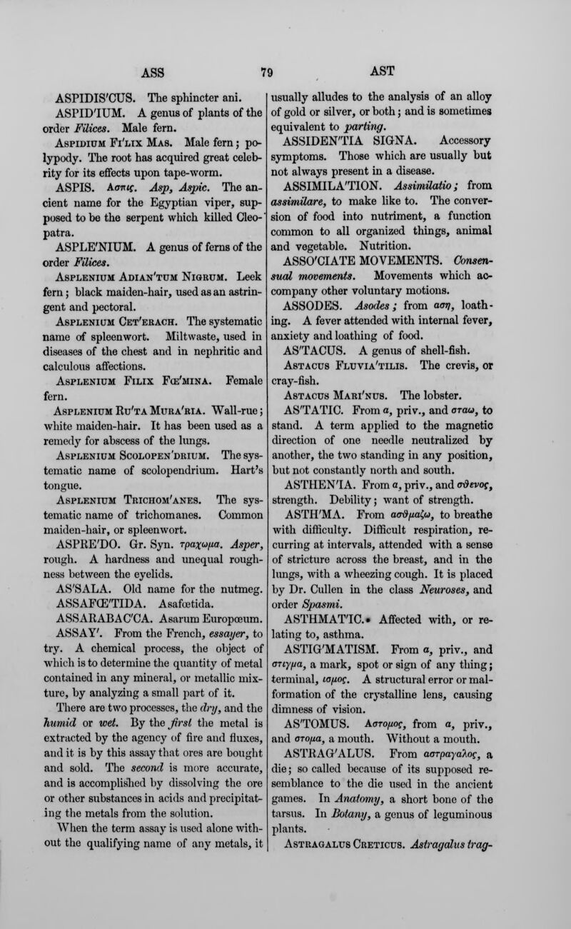 ASPIDIS'CUS. The sphincter ani. ASPID'IUM. A genus of plants of the order Filices. Male fern. Aspidittm Fi'lix Mas. Male fern; po- lypody. The root has acquired great celeb- rity for its effects upon tape-worm. ASPIS. AffTttf. Asp, Aspic. The an- cient name for the Egyptian viper, sup- posed to be the serpent which killed Cleo- patra. ASPLE'NIUM. A genus of ferns of the order Filices. Asplenium Adian'tum Nigrum. Leek fern; black maiden-hair, used as an astrin- gent and pectoral. Asplenium Cet'erach. The systematic name of spleenwort. Miltwaste, used in diseases of the chest and in nephritic and calculous affections. Asplenium Filix Fcs'mina. Female fern. Asplenium Ru'ta Mura'ria. Wall-rue; white maiden-hair. It has been used as a remedy for abscess of the lungs. Asplenium Scolopen'drium. The sys- tematic name of scolopendrium. Hart's tongue. Asplenium Trichom'anes. The sys- tematic name of trichomanes. Common maiden-hair, or spleenwort. ASPRE'DO. Gr. Syn. Tpa%ufia. Asper, rough. A hardness and unequal rough- ness between the eyelids. AS'SALA. Old name for the nutmeg. ASSAFCETIDA. Asafoetida. ASSARABAC'CA. Asarum Europceum. ASSAY'. From the French, essayer, to try. A chemical process, the object of which is to determine the quantity of metal contained in any mineral, or metallic mix- ture, by analyzing a small part of it. There are two processes, the dry, and the humid or wet. By the first the metal is extracted by the agency of fire and fluxes, and it is by this assay that ores are bought and sold. The second is more accurate, and is accomplished by dissolving the ore or other substances in acids and precipitat- ing the metals from the solution. When the term assay is used alone with- out the qualifying name of any metals, it usually alludes to the analysis of an alloy of gold or silver, or both; and is sometimes equivalent to parting. ASSIDEN'TIA SIGNA. Accessory symptoms. Those which are usually but not always present in a disease. ASSIMILATION. AssimUatio; from assimilare, to make like to. The conver- sion of food into nutriment, a function common to all organized things, animal and vegetable. Nutrition. ASSOCIATE MOVEMENTS. Consen- sual movements. Movements which ac- company other voluntary motions. ASSODES. Asodes; from aorj, loath- ing. A fever attended with internal fever, anxiety and loathing of food. AS'TACUS. A genus of shell-fish. Astacus Fluvia'tilis. The crevis, or cray-fish. Astacus Mari'nus. The lobster. ASTATIC. From a, priv., and arau, to stand. A term applied to the magnetic direction of one needle neutralized by another, the two standing in any position, but not constantly north and south. ASTHENIA. From a, priv., and odevoc, strength. Debility; want of strength. ASTHMA. From aotiuafr, to breathe with difficulty. Difficult respiration, re- curring at intervals, attended with a sense of stricture across the breast, and in the lungs, with a wheezing cough. It is placed by Dr. Cullen in the class Neuroses, and order Spasmi. ASTHMATTC Affected with, or re- lating to, asthma. ASTIG'MATISM. From a, priv., and oTiyfja, a mark, spot or sign of any thing; terminal, tofioe. A structural error or mal- formation of the crystalline lens, causing dimness of vision. ASTOMUS. Aarofioc, from a, priv., and aTOfia, a mouth. Without a mouth. ASTRAG'ALUS. From acTpayaloc, a die; so called because of its supposed re- semblance to the die used in the ancient games. In Anatomy, a short bone of the tarsus. In Botany, a genus of leguminous plants. Astragalus Creticus. Astragalus trag-