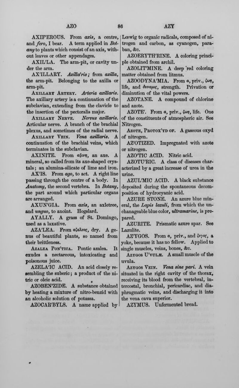 AXIFEROUS. From axis, a centre, and fero, I bear. A term applied in Bot- any to plants which consist of an axis, with- out leaves or other appendages. AXIL'LA. The arm-pit, or cavity un- der the arm. AXILLARY. Axilla'ris; from axUla, the arm-pit. Belonging to the axilla or arm-pit. Axillary Artery. Arteria axillaris. The axillary artery is a continuation of the subclavian, extending from the clavicle to the insertion of the pectoralis major. Axillary Nerve. Nervus axillaris. Articular nerve. A branch of the brachial plexus, and sometimes of the radial nerve. Axillary Vein. Vena axillaris. A continuation of the brachial veins, which terminates in the subclavian. AXINITE. From a&v, an axe. A mineral, so called from its axe-shaped crys- tals ; an alumina-silicate of lime and iron. AXIS. From ago, to act. A right line passing through the centre of a body. In Anatomy, the second vertebra. In Botany, the part around which particular organs are arranged. AXUN'GIA. From axis, an axletree, and unguo, to anoint. Hogslard. AYALLY. A grass of St. Domingo, used as a laxative. AZA'LEA. From afaXeog, dry. A ge- nus of beautiful plants, so named from their brittleness. Azalea Pon'tica. Pontic azalea. It exudes a nectareous, intoxicating and poisonous juice. AZELATC ACID. An acid closely re- sembling the suberic; a product of the ni- tric or oleic acid. # AZOBEN'ZIDE. A substance obtained by heating a mixture of nitro-benzid with an alcoholic solution of potassa. AZOCAR'BYLS. A name applied by Lcewig to organic radicals, composed of ni- trogen and carbon, as cyanogen, para- ban, &c. AZOERYTH'RINE. A coloring princi- ple obtained from archil. AZOLIT'MINE. A deep 'red coloring matter obtained from litmus. AZOODYNA'MIA. From a, priv., !,<*), life, and 6vva[ug, strength. Privation or diminution of the vital powers. AZOTANE. A compound of chlorine and azote. AZOTE'. From a, priv., frv, life. One of the constituents of atmospheric air. See Nitrogen. Azote, Protox'yd of. A gaseous oxyd of nitrogen. AZ'OTIZED. Impregnated with azote or nitrogen. AZOTIC ACID. Nitric acid. AZOTU'RIC. A class of diseases char- acterized by a great increase of urea in the urine. AZUL'MIC ACID. A black substance deposited during the spontaneous decom- position of hydrocyanic acid. AZURE STONE. An azure blue min- eral, the Lapis lazuli, from which the un- manageable blue color, ultramarine, is pre- pared. AZURITE. Prismatic azure spar. See Lazulite. AZYGOS. From a, priv., and fyyog, a yoke, because it has no fellow. Applied to single muscles, veins, bones, &c. Azygos U'vul.j:. A small muscle of the uvula. Azygos Vein. Vena sine pari. A vein situated in the right cavity of the thorax, receiving its blood from the vertebral, in- tercostal, bronchial, pericardiac, and dia- phragmatic veins, and discharging it into the vena cava superior. AZYMUS. Unfermented bread.