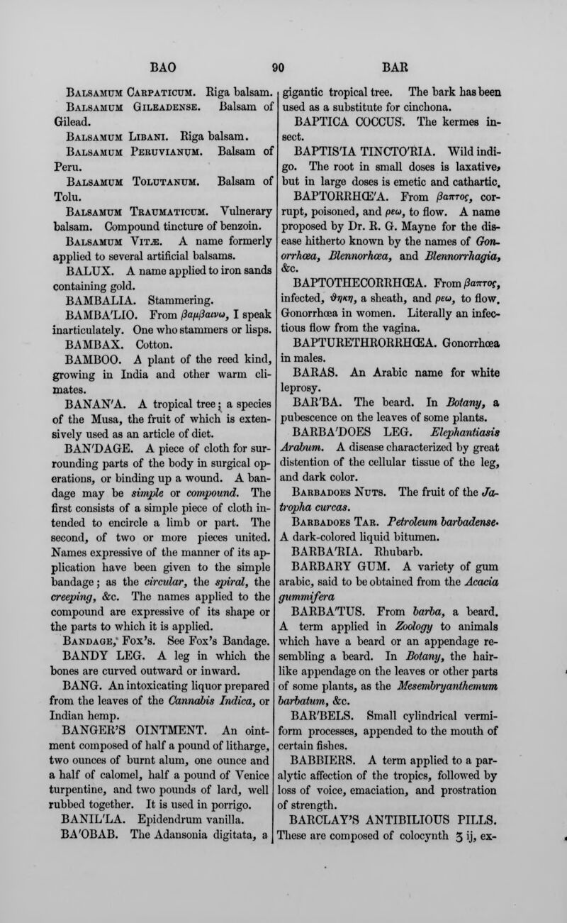 Balsamum Carpaticum. Riga balsam. Balsamum Gileadense. Balsam of Gilead. Balsamum Libant. Riga balsam. Balsamum Peruvianum. Balsam of Peru. Balsamum Tolutanum. Balsam of Tolu. Balsamum Traumaticum. Vulnerary balsam. Compound tincture of benzoin. Balsamum Vit^e. A name formerly applied to several artificial balsams. BALUX. A name applied to iron sands containing gold. BAMBALIA. Stammering. BAMBA'LIO. From Pa/xpaivu, I speak inarticulately. One who stammers or lisps. B A MB AX. Cotton. BAMBOO. A plant of the reed kind, growing in India and other warm cli- mates. BANANA. A tropical tree; a species of the Musa, the fruit of which is exten- sively used as an article of diet. BAN'DAGE. A piece of cloth for sur- rounding parts of the body in surgical op- erations, or binding up a wound. A ban- dage may be simple or compound. The first consists of a simple piece of cloth in- tended to encircle a limb or part. The second, of two or more pieces united. Names expressive of the manner of its ap- plication have been given to the simple bandage; as the circular, the spiral, the creeping, &c. The names applied to the compound are expressive of its shape or the parts to which it is applied. Bandage, Fox's. See Fox's Bandage. BANDY LEG. A leg in which the bones are curved outward or inward. BANG. An intoxicating liquor prepared from the leaves of the Cannabis Indica, or Indian hemp. BANGER'S OINTMENT. An oint- ment composed of half a pound of litharge, two ounces of burnt alum, one ounce and a half of calomel, half a pound of Venice turpentine, and two pounds of lard, well rubbed together. It is used in porrigo. BANIL'LA. Epidendrum vanilla. BA'OBAB. The Adansonia digitata, a gigantic tropical tree. The bark has been used as a substitute for cinchona. BAPTICA COCCUS. The kermes in- sect. BAPTISTA TINCTO'RIA. Wild indi- go. The root in small doses is laxative* but in large doses is emetic and cathartic. BAPTORRHaS'A. From Panrog, cor- rupt, poisoned, and pew, to flow. A name proposed by Dr. R. G. Mayne for the dis- ease hitherto known by the names of Gon- orrhoea, Blcnnorhcca, and Blennorrhagia, &c. BAPTOTHECORRHffiA. From Panrog, infected, ■&nKV, a sheath, and pew, to flow. Gonorrhoea in women. Literally an infec- tious flow from the vagina. BAPTURETHRORRH03A. Gonorrhoea in males. BAR AS. An Arabic name for white leprosy. BAR'BA. The beard. In Botany, a pubescence on the leaves of some plants. BARBA'DOES LEG. Elephantiasis Arabum. A disease characterized by great distention of the cellular tissue of the leg, and dark color. Barbadoes Nuts. The fruit of the Ja~ tropha curcas. Barbadoes Tar. Petroleum barbadense- A dark-colored liquid bitumen. BARBA'RIA. Rhubarb. BARBARY GUM. A variety of gum arabic, said to be obtained from the Acacia gummifera BARBA'TUS. From barba, a beard. A term applied in Zoology to animals which have a beard or an appendage re- sembling a beard. In Botany, the hair- like appendage on the leaves or other parts of some plants, as the Mesembryanthemum barbatum, &c. BAR'BELS. Small cylindrical vermi- form processes, appended to the mouth of certain fishes. BABBIERS. A term applied to a par- alytic affection of the tropics, followed by loss of voice, emaciation, and prostration of strength. BARCLAY'S ANTIBILIOUS PILLS. These are composed of colocynth 3 ij, ex-