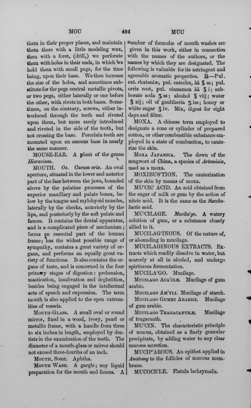 them in their proper places, and maintain them there with a little modeling wax, then with a foret, (drill,) we perforate them with holes in their ends, in which we hold them with small pegs, for the time being, upon their base. We then increase the size of the holes, and sometimes sub- stitute for the pegs central metallic pivots, or two pegs, either laterally or one before the other, with rivets in both bases. Some- times, on the contrary, screws, either in- troduced through the teeth and riveted upon them, but more rarely introduced and riveted in the side of the teeth, but not crossing the base. Porcelain teeth are mounted upon an osseous base in nearly the same manner. MOUSE-EAR. A plant of the genus Hieracium. MOUTH. Os. Cavum oris. An oval aperture, situated in the lower and anterior part of the face between the jaws, bounded ahove by the palatine processes of the superior maxillary and palate bones, be- low by the tongue and mylohyoid muscles, laterally by the cheeks, anteriorly by the lips, and posteriorly by the soft palate and fauces. It contains the dental apparatus, and is a complicated piece of mechanism ; forms an essential part of the human frame; has the widest possible range of sympathy, contains a great variety of or- gans, and performs an equally great va- riety of functions. It also contains the or- gans of taste, and is concerned in the four primary stages of digestion: prehension, mastication, insalivation and deglutition, besides being engaged in the intellectual acts of speech and expression. The term mouth is also apjjlied to the open extrem- ities of vessels. Mouth-Glass. A small oval or round mirror, fixed in a wood, ivory, pearl or metallic frame, with a handle from three to six inches in length, employed by den- tists in the examination of the teeth. The diameter of a mouth-glass or mirror should not exceed three-fourths of an inch. Mouth, Soue. Aphtha. Mouth Wash. A gargle; any liquid preparation for the mouth and fauces. A Bomber of formulas of mouth washes arc given in this work, either in connection with the names of the authors, or the names by which they are designated. The following is valuable for its astringent and agreeable aromatic properties. ]£—Pul. ext. rhatanias, pul. catechu, aa § ss; pul. orris root, pul. cinnamon aa |i; sub- borate soda 3 ss ; alcohol 5 viij ; water S xij; oil of gaultheria 3 iss; honey or white sugar § iv. Mix, digest for eight days and filter. MOXA. A Chinese term employed to designate a cone or cylinder of prepared cotton, or other combustible substance em- ployed in a state of combustion, to caute- rize the skin. Moxa Japanica. The down of the mugwort of China, a species of Artemisia, used as a moxa. MOXIBUS'TION. The cauterization of the skin by means of moxa. MU'CIC ACID. An acid obtained from the sugar of milk or gum by the action of nitric acid. It is the same as the Saccho- lactic acid. MUCILAGE. Mutila'go. A watery solution of gum, or a substance closely allied to it. MUCILAGINOUS. Of the nature of, or abounding in mucilage. MUCILAGINOUS EXTRACTS. Ex- tracts which readily dissolve in water, but scarcely at all in alcohol, and undergo spirituous fermentation. MUCILA'GO. Mucilage. Mucilago AcA'ciiE. Mucilage of gum arabic. Mucilago Am'yli. Mucilage of starch. Mucilago Gummi Arabici. Mucilage of gum arabic. Mucilago TuAGACANTHiE. Mucilage of tragacanth. MUCIN. The characteristic principle of mucus, obtained as a finely granular precipitate, by adding water to any clear mucous secretion. MUCIP'AROUS. An epithet applied in Anatomy to the follicles of mucous mem- brane. MUCOCE'LE. Fistula lachrymalis.