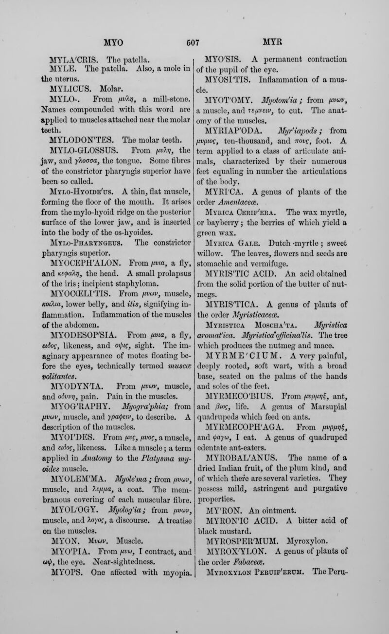 MYLA'CRIS. The patella. MYLE. The patella. Also, a mole in the uterus. MYLICUS. Molar. MYLO-. From (tv?^, a mill-stone. Names compounded with this word are applied to muscles attached near the molar teeth. MYLODON'TES. The molar teeth. MYLO-GLOSSUS. From fivlr,, the jaw, and yloooa, the tongue. Some fibres of the constrictor pharyngis superior have been so called. Mylo-Hyoide'us. A thin, flat muscle, forming the floor of the mouth. It arises from the mylo-hyoid ridge on the posterior surface of the lower jaAV, and is inserted into the body of the os-hyoides. Mylo-Piiaryngeus. The constrictor pharyngis superior. MYOCEPHALON. From fwia, a fly, and KttyalTi, the head. A small prolaj)sus of the iris; incipient staphyloma. MYOCCELI'TIS. From fivcov, muscle, Kotfaa, lower belly, and His, signifying in- flammation. Inflammation of the muscles of the abdomen. MYODESOP'SIA. From ftvta, a fly, eidog, likeness, and otpig, sight. The im- aginary appearance of motes floating be- fore the eyes, technically termed muscce volitantes. MYODYNIA. From fivuv, muscle, and o<W?/, pain. Tain in the muscles. MYOGRAPHY. Myogra'phia; from livuv} muscle, and ypcupetv, to describe. A description of the muscles. MYOI'DES. From fivg, fivog, a muscle, and euhg} likeness. Like a muscle; a term applied in Anatomy to the Flatysma my- oides muscle. MYOLEM'MA. Myole'ma ; from fivuv, muscle, and fa/i/ia, a coat. The mem- branous covering of each muscular fibre. MYOL'OGY. Myolog'ia; from jj.vuv} muscle, and hoyog} a discourse. A treatise on the muscles. MYON. Mwv, Muscle. MYO'PIA. From (aw, I contract, and wTp, the eye. Near-sightedness. MYOPS. One affected with myopia. MYO'SIS. A permanent contraction of the pupil of the eye. MYOSITIS. Inflammation of a mus- cle. MYOTOMY. Myoiom'ia; from (ivuv, a muscle, and Tepveiv, to cut. The anat- omy of the muscles. MYllIAP'ODA. Myr'icqwds; from fivpwg, ten-thousand, and novg, foot. A term applied to a class of articulate ani- mals, characterized by their numerous feet equaling in number the articulations of the body. MYItl'CA. A genus of plants of the order Amentaccce. Myuica Ckrif'era. The wax myrtle, or bay berry ; the berries of which yield a green wax. Myuica Gale. Dutch -myrtle ; sweet willow. The leaves, flowers and seeds are stomachic and vermifuge. MYPJS'TIC ACID. An acid obtained from the solid portion of the butter of nut- megs. MYRIS'TICA. A genus of plants of the order Myristicacecc. Myuistica Mosciia'ta. Myrisiica aromat'ica. Myristka'officina'lis. The tree which produces the nutmeg and mace. MYEME'CIUM. A very painful, deeply rooted, soft wart, with a broad base, seated on the palms of the hands and soles of the feet. MYRMECO'BIUS. From p/^f, ant, and jiiog, life. A genus of Marsupial quadrupeds which feed on ants. MYRMECOPHAGA. From pp/atf, and <jtoy«, I eat. A genus of quadruped edentate ant-eaters. MYROBAL'ANUS. The name of a dried Indian fruit, of the plum kind, and of which there are several varieties. They possess mild, astringent and purgative properties. MY'RON. An ointment. MYRON'IO ACID. A bitter acid of black mustard. MYROSPER'MUM. Myroxylon. MYROXYLON. A genus of plants of the order Fabacece. Myroxylon Peruif'erum. The Peru-