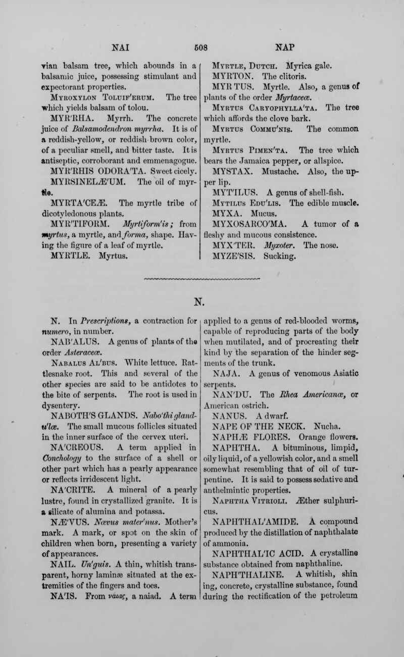 vian balsam tree, which abounds in a balsamic juice, possessing stimulant and expectorant properties. Myroxylon Toluif'erum. The tree which yields balsam of tolou. MYR'RIIA. Myrrh. The concrete juice of Bcdsamodendron myrrlia. It is of a reddish-yellow, or reddish brown color, of a peculiar smell, and bitter taste. It is antiseptic, corroborant and emmenagogne. MYR'RHIS ODORA'TA. Sweet cicely. MYRSINEL^E'UM. The oil of myr- ttt. MYRTA'CE^. The myrtle tribe of dicotyledonous plants. MYR'TIFORM. Myrtiform'is; from myrtus, a myrtle, and forma, sbape. Hav- ing the figure of a leaf of myrtle. MYRTLE. Myrtus. Myrtle, Dutch. Myrica gale. MYRTON. The clitoris. MYRTUS. Myrtle. Also, a genus of plants of the order Myrtacece. Myrtus Caryophylla'ta. The tree which affords the clove bark. Myrtus Commu'nis. The common myrtle. Myrtus Timen'ta. The tree which bears the Jamaica pepper, or allspice. MYSTAX. Mustache. Also, the up- per lip. MYTTLUS. A genus of shell-fish. Mytilus Edu'lis. The edible muscle. MYXA. Mucus. MYXOSARCO'MA. A tumor of a fleshy and mucous consistence. MYX'TFR. Myxoter. The nose. MYZE'SIS. Sucking. N. N. In Prescriptions, a contraction for numero, in number. NAIVALUS. A genus of plants of the order Asteracece. Nabalus Al'bus. White lettuce. Rat- tlesnake root. This and several of the other species are said to be antidotes to the bite of serpents. The root is used in dysentery. NABOTH'S GLANDS. Nabo'thi gland- u'lce. The small mucous follicles situated in the inner surface of the cervex uteri. NACREOUS. A term applied in Conchology to the surface of a shell or other part which has a pearly appearance or reflects irridescent light. NA'CRITE. A mineral of a pearly lustre, found in crystallized granite. It is a silicate of alumina and potassa. NiE'VUS. Nievus mater'nus. Mother's mark. A mark, or spot on the skin of children when born, presenting a variety of appearances. NAIL. Un'guis. A thin, whitish trans- parent, horny lamina? situated at the ex- tremities of the fingers and toes. NATS. From vaiag, a naiad. A term applied to a genus of red-blooded worms, capable of reproducing parts of the body when mutilated, and of procreating their kind by the separation of the hinder seg- ments of the trunk. NAJA. A genus of venomous Asiatic serpents. NAN'DU. The Rhea Americana;, or American ostrich. NANUS. A dwarf. NAPE OF THE NECK. Nucha. NAPH.E FLORES. Orange flowers. NAPHTHA. A bituminous, limpid, oily liquid, of a yellowish color, and a smell somewhat resembling that of oil of tur- pentine. It is said to possess sedative and anthelmintic properties. Naphtha Vitrioli. iEther sulphuri- cus. NAPHTHALAMIDE. A compound produced by the distillation of naphthalate of ammonia. NAniTHALTC ACID. A crystalline substance obtained from naphthaline. NAPHTHALINE. A whitish, shin ing, concrete, crystalline substance, found during the rectification of the petroleum