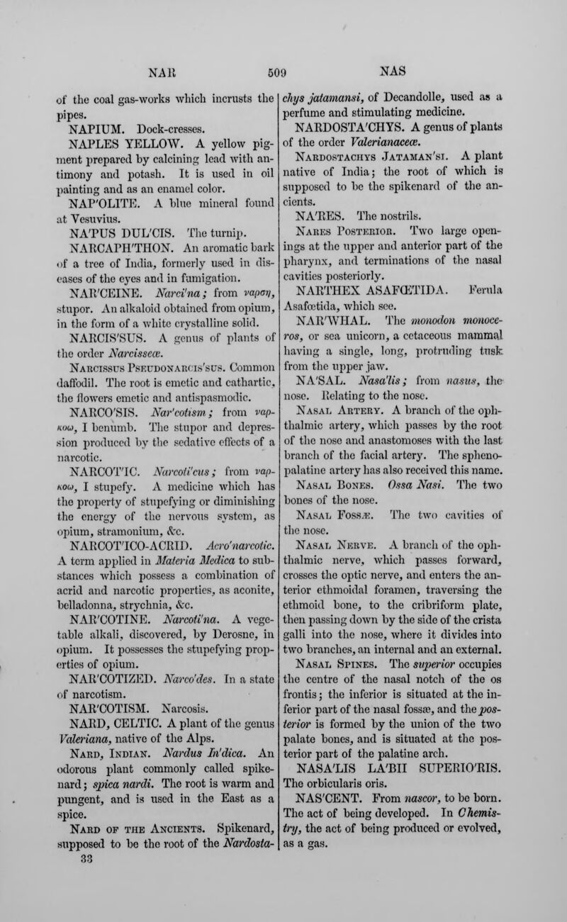 of the coal gas-works which incrusts the pipes. NAPIUM. Dock-cresses. NAPLES YELLOW. A yellow pig- ment prepared by calcining lead with an- timony and potash. It is used in oil painting and as an enamel color. NAP'OLITE. A bine mineral found at Vesuvius. NA'PUS DUL'CIS. The turnip. NARCAPH'THON. An aromatic bark of a tree of India,, formerly used in dis- eases of the eyes and in fumigation. NAR'CEINE. Narci'na; from vapay, stupor. An alkaloid obtained from opium, in the form of a white crystalline solid. NARCIS'SUS. A genus of plants of the order Narcissece. Narcissus Pseudonarois'sus. Common daffodil. The root is emetic and cathartic, the ilowcrs emetic and antispasmodic. NARCO'SIS. Nar'cotism ; from vap- xout I benumb. The stupor and depres- sion produced by the sedative effects of a narcotic. NARCOTIC. Narcoiicus; from vap- kou, I stupefy. A medicine which has the property of stupefying or diminishing the energy of the nervous system, ns opium, stramonium, &c. NARCOTTCO-ACRID. Aero'narcotic. A term applied in Materia Medica to sub- stances which possess a combination of acrid and narcotic properties, as aconite, belladonna, strychnia, &c. NAR'COTINE. Narcoti'na. A vege- table alkali, discovered, by Derosne, in opium. It possesses the stupefying prop- erties of opium. NAR'COTIZED. Narco'des. In a state of narcotism. NAR'COTISM. Narcosis. NARD, CELTIC. A plant of the genus Valeriana, native of the Alps. Nard, Indian. JVardus In'dica. An odorous plant commonly called spike- nard ; spica nardi. The root is warm and pungent, and is used in the East as a spice. Nard of the Ancients. Spikenard, supposed to be the root of the Nardosta- 33 chys jatamansi, of Decandolle, used as a perfume and stimulating medicine. NARDOSTA'CHYS. A genus of plants of the order Valerianaceai. Nardostachys Jataman'si. A plant native of India; the root of which is supposed to be the spikenard of the an- cients. NA'RES. The nostrils. Nares Posterior. Two large open- ings at the upper and anterior part of the pharynx, and terminations of the nasal cavities posteriorly. NARTHEX ASAFCETIDA. Ferula Asafoctida, which see. NAR'WHAL. The monodon monoce- ros, or sea unicorn, a cetaceous mammal having a single, long, protruding tusk, from the upper jaw. NA'SAL. Nasa'lis; from nasus, the nose. Relating to the nose. Nasal Artery. A branch of the oph- thalmic artery, which passes by the root of the nose and anastomoses with the last branch of the facial artery. The spheno- palatine artery has also received this name. Nasal Bones. Ossa Nasi. The two bones of the nose. Nasal Foss.e. The two cavities of the nose. Nasal Nerve. A branch of the oph- thalmic nerve, which passes forward, crosses the optic nerve, and enters the an- terior ethmoidal foramen, traversing the ethmoid bone, to the cribriform plate, then passing down by the side of the crista galli into the nose, where it divides into two branches, an internal and an external. Nasal Spines. The superior occupies the centre of the nasal notch of the os frontis; the inferior is situated at the in- ferior part of the nasal fossa?, and the pos- terior is formed by the union of the two palate bones, and is situated at the pos- terior part of the palatine arch. NASA'LIS LA'BII SUPERIO'RIS. The orbicularis oris. NAS'CENT. From nascor, to be born. The act of being developed. In Chemis- try, the act of being produced or evolved, as a gas.