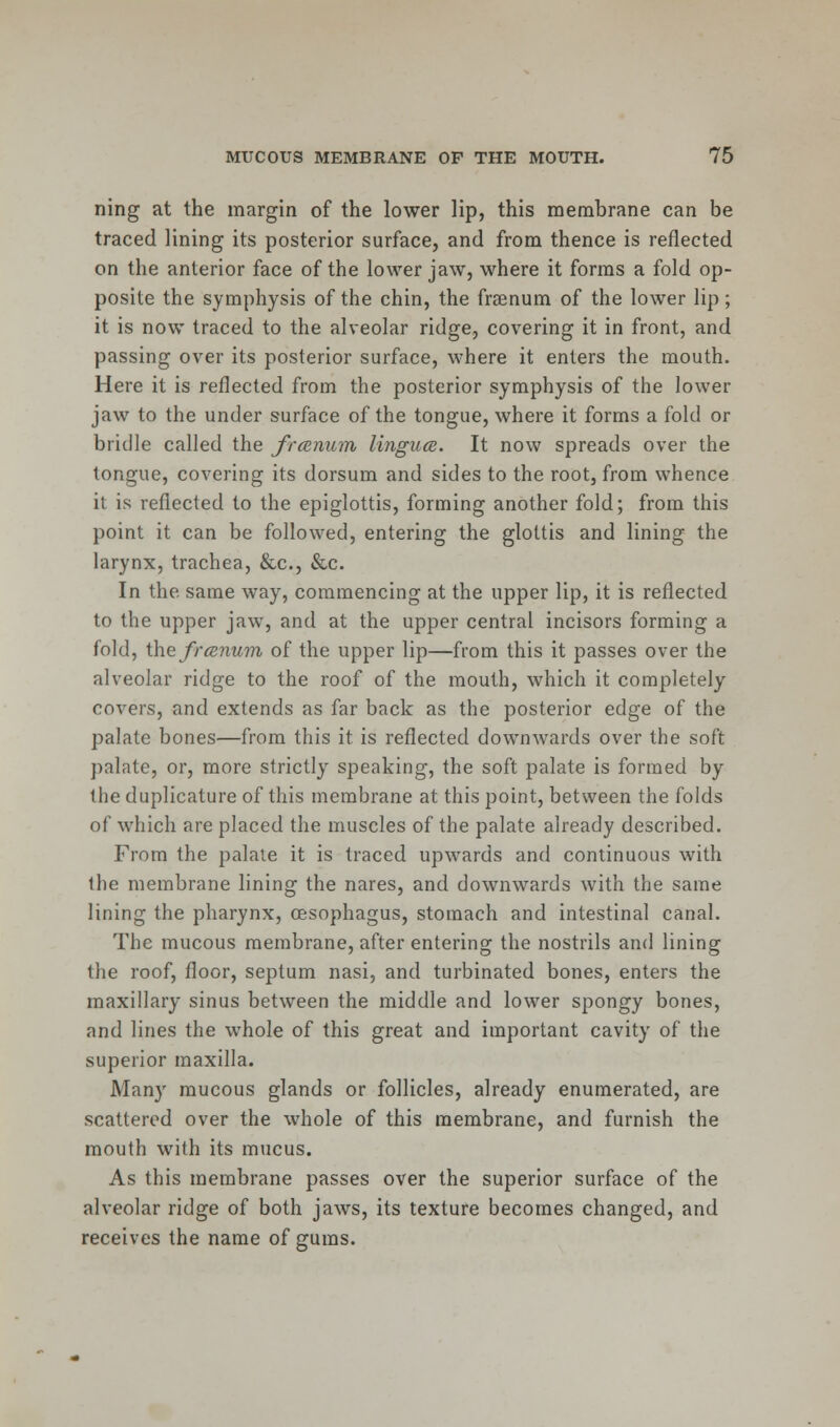 ning at the margin of the lower lip, this membrane can be traced lining its posterior surface, and from thence is reflected on the anterior face of the lower jaw, where it forms a fold op- posite the symphysis of the chin, the frasnum of the lower lip; it is now traced to the alveolar ridge, covering it in front, and passing over its posterior surface, where it enters the mouth. Here it is reflected from the posterior symphysis of the lower jaw to the under surface of the tongue, where it forms a fold or bridle called the Jreenum lingua. It now spreads over the tongue, covering its dorsum and sides to the root, from whence it is reflected to the epiglottis, forming another fold; from this point it can be followed, entering the glottis and lining the larynx, trachea, &c, &c. In the same way, commencing at the upper lip, it is reflected to the upper jaw, and at the upper central incisors forming a fold, the frcenum of the upper lip—from this it passes over the alveolar ridge to the roof of the mouth, which it completely covers, and extends as far back as the posterior edge of the palate bones—from this it is reflected downwards over the soft palate, or, more strictly speaking, the soft palate is formed by the duplicature of this membrane at this point, between the folds of which are placed the muscles of the palate already described. From the palate it is traced upwards and continuous with the membrane lining the nares, and downwards with the same lining the pharynx, oesophagus, stomach and intestinal canal. The mucous membrane, after entering the nostrils and lining the roof, floor, septum nasi, and turbinated bones, enters the maxillary sinus between the middle and lower spongy bones, and lines the whole of this great and important cavity of the superior maxilla. Many mucous glands or follicles, already enumerated, are scattered over the whole of this membrane, and furnish the mouth with its mucus. As this membrane passes over the superior surface of the alveolar ridge of both jaws, its texture becomes changed, and receives the name of gums.