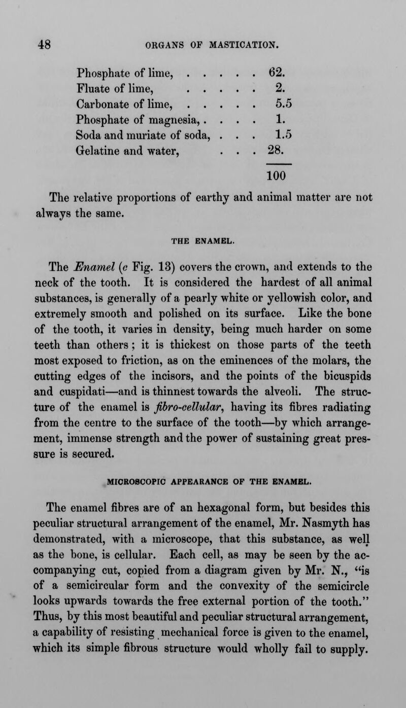 Phosphate of lime, . . 62. Fluate of lime, . . . . 2. Carbonate of lime, . . . . 5.5 Phosphate of magnesia,. . . 1. Soda and muriate of soda, . . 1.5 Gelatine and water, . 28. 100 The relative proportions of earthy and animal matter are not always the same. THE ENAMEL. The Enamel (<? Fig. 13) covers the crown, and extends to the neck of the tooth. It is considered the hardest of all animal substances, is generally of a pearly white or yellowish color, and extremely smooth and polished on its surface. Like the bone of the tooth, it varies in density, being much harder on some teeth than others ; it is thickest on those parts of the teeth most exposed to friction, as on the eminences of the molars, the cutting edges of the incisors, and the points of the bicuspids and cuspidati—and is thinnest towards the alveoli. The struc- ture of the enamel is fibro-cellular, having its fibres radiating from the centre to the surface of the tooth—by which arrange- ment, immense strength and the power of sustaining great pres- sure is secured. MICROSCOPIC APPEARANCE OF THE ENAMEL. The enamel fibres are of an hexagonal form, but besides this peculiar structural arrangement of the enamel, Mr. Nasmyth has demonstrated, with a microscope, that this substance, as well as the bone, is cellular. Each cell, as may be seen by the ac- companying cut, copied from a diagram given by Mr. N., is of a semicircular form and the convexity of the semicircle looks upwards towards the free external portion of the tooth. Thus, by this most beautiful and peculiar structural arrangement, a capability of resisting mechanical force is given to the enamel, which its simple fibrous structure would wholly fail to supply.