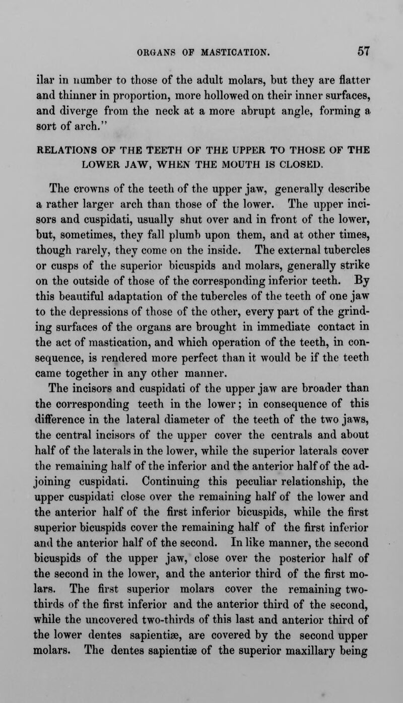 ilar in number to those of the adult molars, but they are flatter and thinner in proportion, more hollowed on their inner surfaces, and diverge from the neck at a more abrupt angle, forming a sort of arch. RELATIONS OF THE TEETH OF THE UPPER TO THOSE OF THE LOWER JAW, WHEN THE MOUTH IS CLOSED. The crowns of the teeth of the upper jaw, generally describe a rather larger arch than those of the lower. The upper inci- sors and cuspidati, usually shut over and in front of the lower, but, sometimes, they fall plumb upon them, and at other times, though rarely, they come on the inside. The external tubercles or cusps of the superior bicuspids and molars, generally strike on the outside of those of the corresponding inferior teeth. By this beautiful adaptation of the tubercles of the teeth of one jaw to the depressions of those of the other, every part of the grind- ing surfaces of the organs are brought in immediate contact in the act of mastication, and which operation of the teeth, in con- sequence, is rendered more perfect than it would be if the teeth came together in any other manner. The incisors and cuspidati of the upper jaw are broader than the corresponding teeth in the lower; in consequence of this difference in the lateral diameter of the teeth of the two jaws, the central incisors of the upper cover the centrals and about half of the laterals in the lower, while the superior laterals cover the remaining half of the inferior and the anterior half of the ad- joining cuspidati. Continuing this peculiar relationship, the upper cuspidati close over the remaining half of the lower and the anterior half of the first inferior bicuspids, while the first superior bicuspids cover the remaining half of the first inferior and the anterior half of the second. In like manner, the second bicuspids of the upper jaw, close over the posterior half of the second in the lower, and the anterior third of the first mo- lars. The first superior molars cover the remaining two- thirds of the first inferior and the anterior third of the second, while the uncovered two-thirds of this last and anterior third of the lower dentes sapientise, are covered by the second upper molars. The dentes sapientise of the superior maxillary being