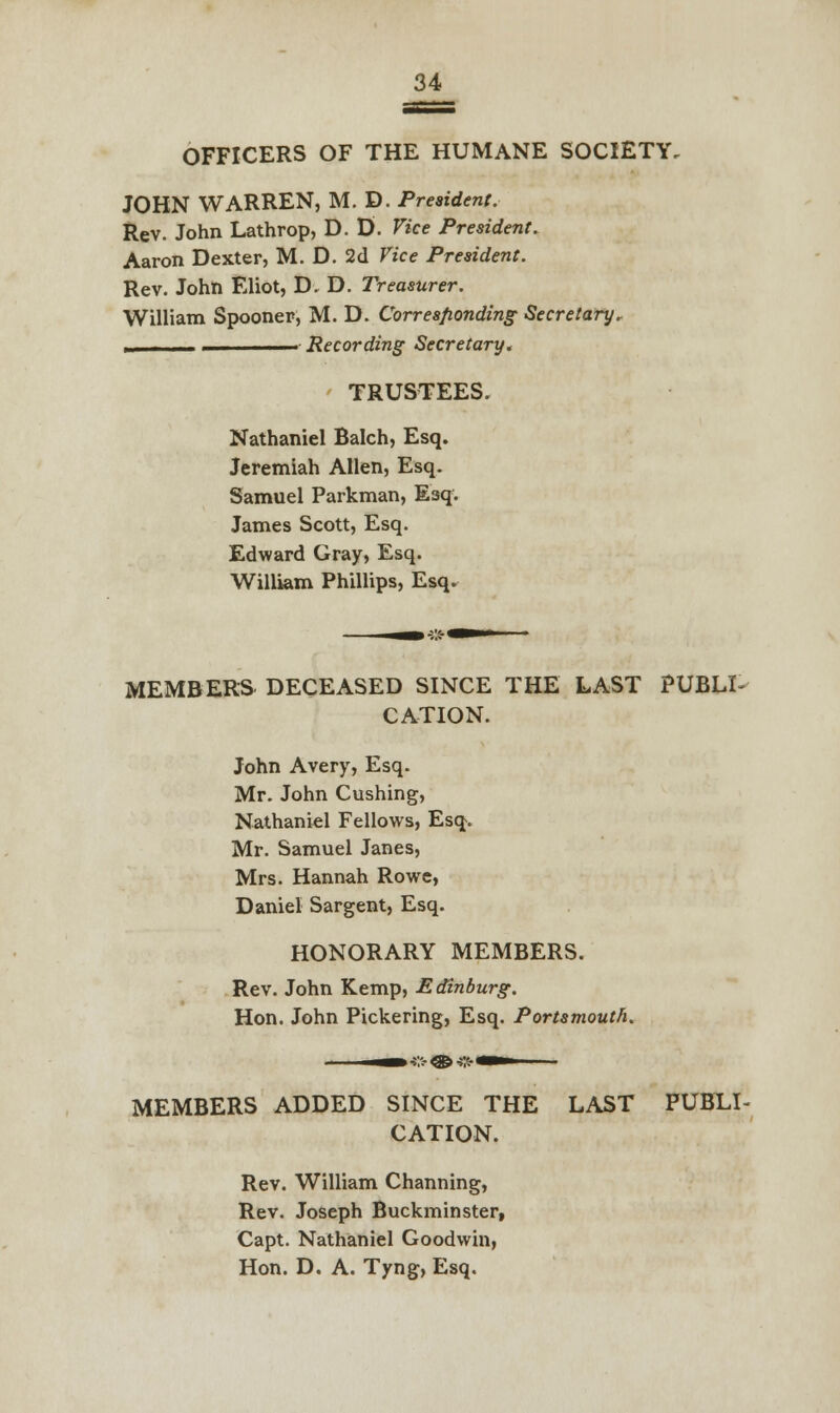 OFFICERS OF THE HUMANE SOCIETY, JOHN WARREN, M. D. President. Rev. John Lathrop, D. D. Vice President. Aaron Dexter, M. D. 2d Vice President. Rev. John Eliot, D. D. Treasurer. William Spooner, M. D. Corresponding Secretary, ... i Recording Secretary. TRUSTEES. Nathaniel Balch, Esq. Jeremiah Allen, Esq. Samuel Parkman, Esq. James Scott, Esq. Edward Gray, Esq. William Phillips, Esq. MEMBERS DECEASED SINCE THE LAST PUBLL CATION. John Avery, Esq. Mr. John Cushing, Nathaniel Fellows, Esq. Mr. Samuel Janes, Mrs. Hannah Rowe, Daniel Sargent, Esq. HONORARY MEMBERS. Rev. John Kemp, Edinburg. Hon. John Pickering, Esq. Portsmouth. MEMBERS ADDED SINCE THE LAST PUBLI- CATION. Rev. William Channing, Rev. Joseph Buckminster, Capt. Nathaniel Goodwin, Hon. D. A. Tyng, Esq.