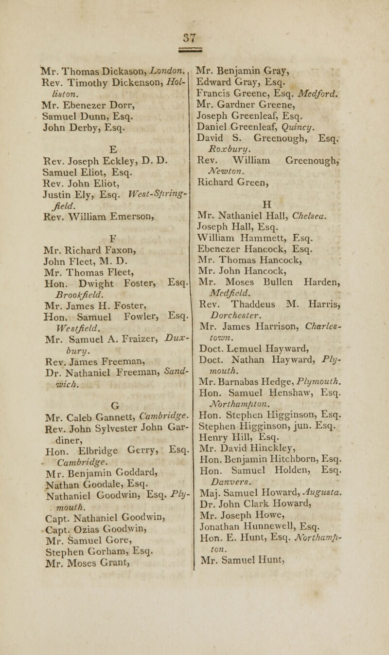 Mr. Thomas Dickason, London. Rev. Timothy Dickenson, Hol- liston. Mr. Ebenezer Dorr, Samuel Dunn, Esq. John Derby, Esq. E Rev. Joseph Eckley, D. D. Samuel Eliot, Esq. Rev. John Eliot, Justin Ely, Esq. West-Sfiring- Jield. Rev. William Emerson, F Mr. Richard Faxon, John Fleet, M. D. Mr. Thomas Fleet, Hon. Dwight Foster, Esq Brookfield. Mr. James H. Foster, Hon. Samuel Fowler, Esq Westjield. Mr. Samuel A. Fraizer, Dux bury. Rev. James Freeman, Dr. Nathaniel Freeman, Sand- wich. Mr. Caleb Gannett, Cambridge. Rev. John Sylvester John Gar- diner, Hon. Elbridge Gerry, Esq. Cambridge. Mr. Benjamin Goddard, Nathan Goodale, Esq. Nathaniel Goodwin, Esq. Ply- mouth. Capt. Nathaniel Goodwin, Capt. Ozias Goodwin, Mr. Samuel Gore, Stephen Gorham, Esq. Mr. Moses Grant, Mr. Benjamin Gray, Edward Gray, Esq. Francis Greene, Esq. Medford. Mr. Gardner Greene, Joseph Greenleaf, Esq. Daniel Greenleaf, Quincy. David S. Greenough, Esq. Roxbury. Rev. William Greenough, Newton. Richard Green, H Mr. Nathaniel Hall, Chelsea. Joseph Hall, Esq. William Hammett, Esq. Ebenezer Hancock, Esq. Mr. Thomas Hancock, Mr. John Hancock, Mr. Moses Bullen Harden, Medfield. Rev. Thaddeus M. Harris, Dorchester. Mr. James Harrison, Charles - town. Doct. Lemuel Hay ward, Doct. Nathan Hayward, Ply- mouth. Mr. Barnabas Hedge, Plymouth. Hon. Samuel Henshaw, Esq. Northampton. Hon. Stephen Higginson, Esq. Stephen Higginson, jun. Esq. Henry Hill, Esq. Mr. David Hinckley, Hon. Benjamin Hitchborn, Esq. Hon. Samuel Holden, Esq. Danvers. Maj. Samuel Howard, Augusta. Dr. John Clark Howard, Mr. Joseph Howe, Jonathan Hunnewell, Esq. Hon. E. Hunt, Esq. Northamp- ton. Mr. Samuel Hunt,