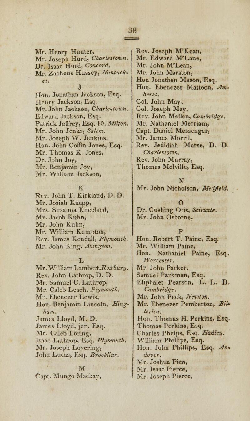 Mr. Henry Hunter, Mr. Joseph Hurd, Charlestoivn. Dr. Isaac Hurd, Concord. Mr. Zacheus Hussey, Nantuck- et. J Hon. Jonathan Jackson, Esq. Henry Jackson, Esq. Mr. John JaGkson, Charlestoivn. Edward Jackson, Esq. Patrick Jeffrey, Esq. 10. Milton. Mr. John Jenks, Salem. Mr. Joseph W. Jenkins, Hon. John Coffin Jones, Esq. Mr. Thomas K. Jones, Dr. John Joy, Mr. Benjamin Joy, Mr. William Jackson, K Rev. John T. Kirkland, D. D. Mr. Josiah Knapp, Mrs. Susanna Kneeland, Mr. Jacob Kuhn, Mr. John Kuhn, Mr. William Kempton, Rev. James Kendall, Plymouth. Mr. John King, Abington. Mr. William Lambert,Roxbury. Rev. John Lathrop, D. D. Mr. Samuel C. Lathrop, Mr. Caleb Leach, Plymouth. Mr. Ebenezer Lewis, Hon. Benjamin Lincoln, Bing- ham. James Lloyd, M. D. James Lloyd, jun. Esq. Mr. Caleb Loring, Isaac Lathrop, Esq. Plymouth. Mr. Joseph Lovering, John Lucas, Esq. Brookline. M Capt. Mungo Mackay, Rev. Joseph M'Kean, Mr. Edward M'Lane, Mr. John M'Lean, Mr. John Marston, Hon Jonathan Mason, Esq. Hon. Ebenezer Mattoon, Am- herst. Col. John May, Col. Joseph May, Rev. John Mellen, Cambridge. Mr, Nathaniel Merriam, Capt. Daniel Messenger, Mr. James Morril, Rev. Jedidiah Morse, D. D Charlestoivn. Rev. John Murray, Thomas Melville, Esq. N Mr. John Nicholson, Medjicld. O Dr. Cushing Otis, Scituate. Mr. John Osborne, Hon. Robert T. Paine, Esq. Mr. William Paine, Hon. Nathaniel Paine, Esq. Worcester. Mr. John Parker, Samuel Parkman, Esq. Eliphalet Pearson, L. L. D. Cambridge. Mr. John Peck, Newton. Mr. Ebenezer Pemberton, Bil* lerica. Hon. Thomas H. Perkins, Esq. Thomas Perkins, Esq. Charles Phelps, Esq. Hadley. William Phillips, Esq. Hon. John Phillips, Esq. An, dover. Mr. Joshua Pico, Mr. Isaac Pierce, Mr. Joseph Pierce,