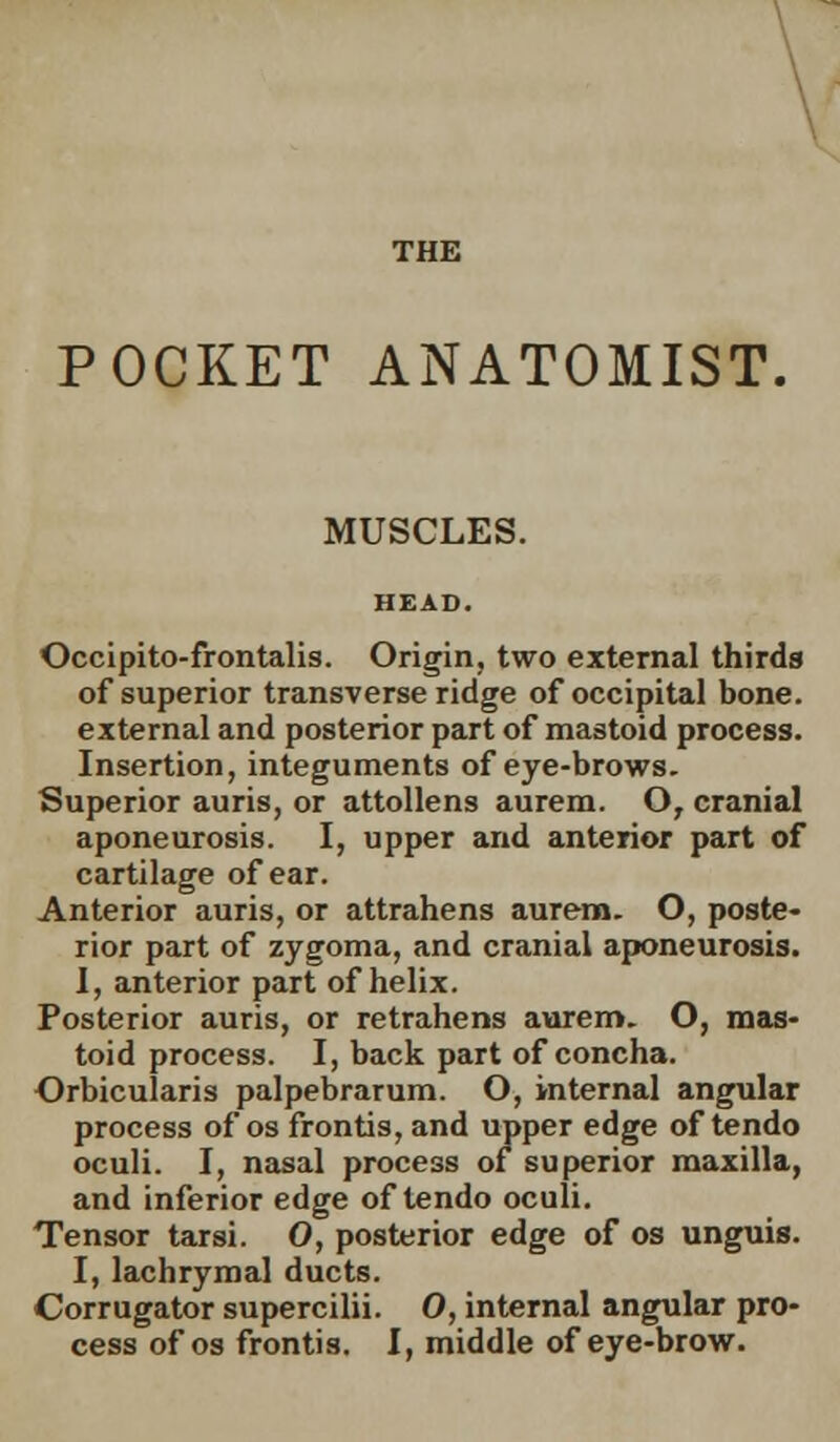 POCKET ANATOMIST. MUSCLES. Occipito-frontalis. Origin, two external thirds of superior transverse ridge of occipital bone, external and posterior part of mastoid process. Insertion, integuments of eye-brows. Superior auris, or attollens aurem. O, cranial aponeurosis. I, upper and anterior part of cartilage of ear. Anterior auris, or attrahens aurem. O, poste- rior part of zygoma, and cranial aponeurosis. I, anterior part of helix. Posterior auris, or retrahens aurem. O, mas- toid process. I, back part of concha. Orbicularis palpebrarum. O, internal angular process of os frontis, and upper edge of tendo oculi. I, nasal process of superior maxilla, and inferior edge of tendo oculi. Tensor tarsi. 0, posterior edge of os unguis. I, lachrymal ducts. Corrugator supercilii. 0, internal angular pro- cess of os frontis. I, middle of eye-brow.