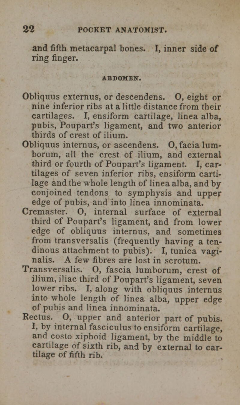 and fifth metacarpal bones. I, inner side of ring finger. ABDOMEN. Obliquus externus, or descendens. O, eight or nine inferior ribs at a little distance from their cartilages. I, ensiform cartilage, linea alba, pubis, Poupart's ligament, and two anterior thirds of crest of ilium. Obliquus internus, or ascendens. 0, facia lum- borum, all the crest of ilium, and external third or fourth of Poupart's ligament. I, car- tilages of seven inferior ribs, ensiform carti- lage and the whole length of linea alba, and by conjoined tendons to symphysis and upper edge of pubis, and into linea innominata. Cremaster. O, internal surface of external third of Poupart's ligament, and from lower edge of obliquus internus, and sometimes from transversalis (frequently having a ten- dinous attachment to pubis). I, tunica vagi- nalis. A few fibres are lost in scrotum. Transversalis. O, fascia lumborum, crest of ilium, iliac third of Poupart's ligament, seven lower ribs. I, along with obliquus internus into whole length of linea alba, upper edge of pubis and linea innominata. Rectus. O, upper and anterior part of pubis. I, by internal fasciculus to ensiform cartilage, and costo xiphoid ligament, by the middle to cartilage of sixth rib, and by external to car- tilage of fifth rib.