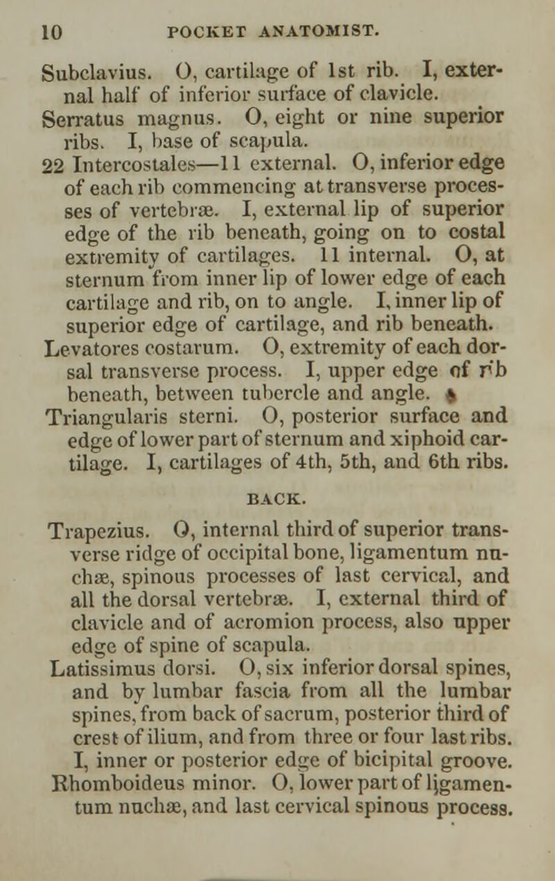 Subclavius. 0, cartilage of 1st rib. I, exter- nal half of inferior surface of clavicle. Serratus niagnus. O, eight or nine superior ribs. I, base of scapula. 22 Intercostales—11 external. 0, inferior edge of each rib commencing at transverse proces- ses of vertebrae. I, e.\.ternal lip of superior edge of the rib beneath, going on to costal extremity of cartilages. 11 internal. O, at sternum from inner lip of lower edge of each cartilage and rib, on to angle. I. inner lip of superior edge of cartilage, and rib beneath. Levatores costarum. O, extremity of each dor- sal transverse process. I, upper edge of rb beneath, between tubercle and angle. ^ Triangularis sterni. 0, posterior surface and edge of lower part of sternum and xiphoid car- tilage. I, cartilages of 4th, 5th, and 6th ribs. Trapezius. 0, internal third of superior trans- verse ridge of occipital bone, ligamentum nn- chae, spinous processes of last cervical, and all the dorsal vertebrae. I, external third of clavicle and of acromion process, also upper edge of spine of scapula. Latissimus dorsi. 0,six inferior dorsal spines, and by lumbar fascia from all the lumbar spines, from back of sacrum, posterior third of crest of ilium, and from three or four last ribs. I, inner or posterior edge of bicipital groove. Rhomboideus minor. 0, lower part of ligamen- tum nuchae, and last cervical spinous process.