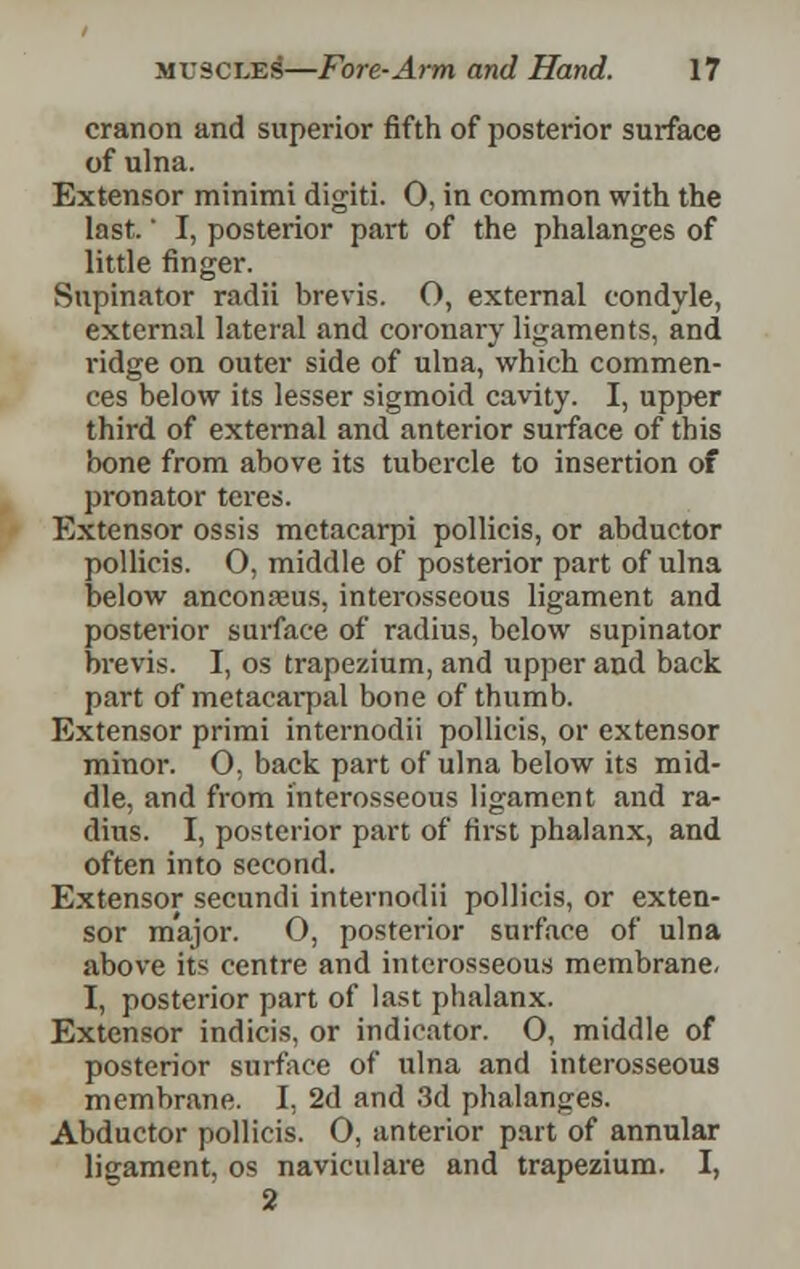 cranon and superior fifth of posterior surface of ulna. Extensor minimi digiti. 0, in common with the last. ■ I, posterior part of the phalanges of little finger. Supinator radii brevis. O, external condyle, external lateral and coronary ligaments, and ridge on outer side of ulna, which commen- ces below its lesser sigmoid cavity. I, upper third of external and anterior surface of this bone from above its tubercle to insertion of pronator teres. Extensor ossis mctacarpi pollicis, or abductor pollicis. O, middle of posterior part of ulna below anconseus, interosseous ligament and posterior surface of radius, below supinator brevis. I, os trapezium, and upper and back part of metacarpal bone of thumb. Extensor primi internodii pollicis, or extensor minor. 0, back part of ulna below its mid- dle, and from interosseous ligament and ra- dius. I, posterior part of first phalanx, and often into second. Extensor secundi internodii pollicis, or exten- sor major. O, posterior surface of ulna above its centre and interosseous membrane. I, posterior part of last phalanx. Extensor indicis, or indicator. O, middle of posterior surface of ulna and interosseous membrane. I, 2d and 3d phalanges. Abductor pollicis. 0, anterior part of annular ligament, os naviculare and trapezium. I, 2