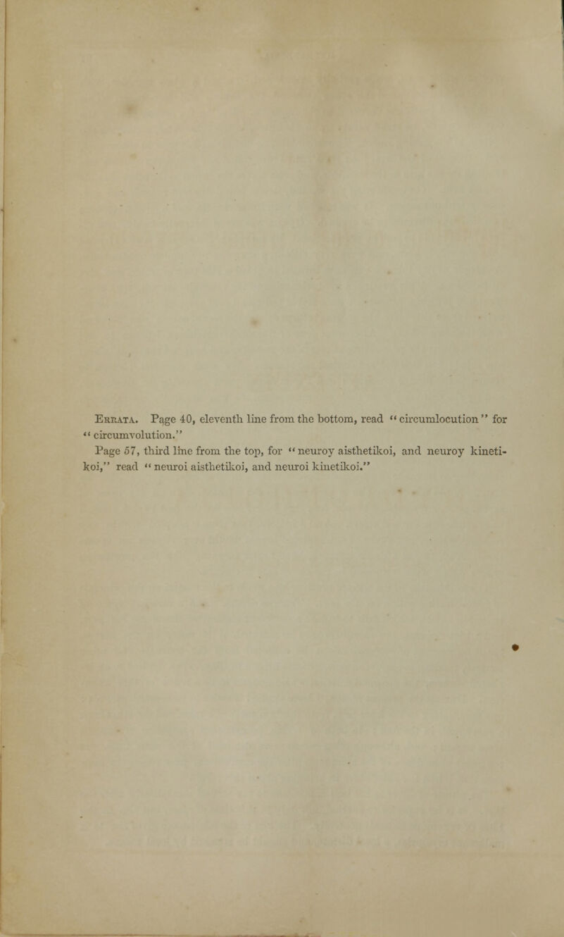 Errata.. Page 40, eleventh line from the bottom, read  circumlocution  for  circumvolution. Page 57, third line from the top, for neuroy aisthetikoi, and neuroy kineti- koi, read  neiuoi aisthetilcoi, and neuroi kinetikoi.