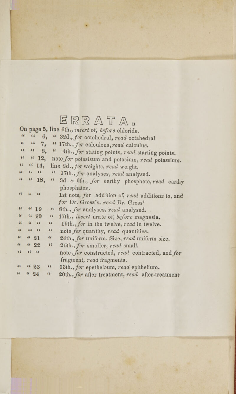 On page 5, line 6th., insert of, lefore chloride.  '• 6, *' 32d.,/or octohedral, read octahedral «< <( 7^  17th.,/or calculous,j-cacZ calculus.   8, «« 4th.,/or stating points, rea(Z starting points.   12, note/or potasisum and potasium, read potassium.   14, line 2d.,/or weights, rea^ weight.  *•   17th.,/or analyses, reac? analysed. •*  18,  3d & 6th.,/or earthy phosphate; read earthy phosphates.  •• *' 1st note,/or addition of, read additions to, and for Dr. Gross's, rend Dr. Gross'  19 *' 8th.,yor analyses, read analysed.   20 ^< 17th., insert urate of, before magnesia,     19th.,/or in the twelve, reacZ in twelve.  •'   note/or quantity, read quantities.  *' 21 •* 24th.,/or uniform. Size, reatZ uniform size. '♦  22 *« 25lh.,/or smaller, read small. '*   note,/or constructed, read contracted, and/or fragment, read fragments. (( t( 23 4( 13th.,/or epetheloum, read epithelium. '■*  24 '» 20th.,/or after treatment, read after-treatment'