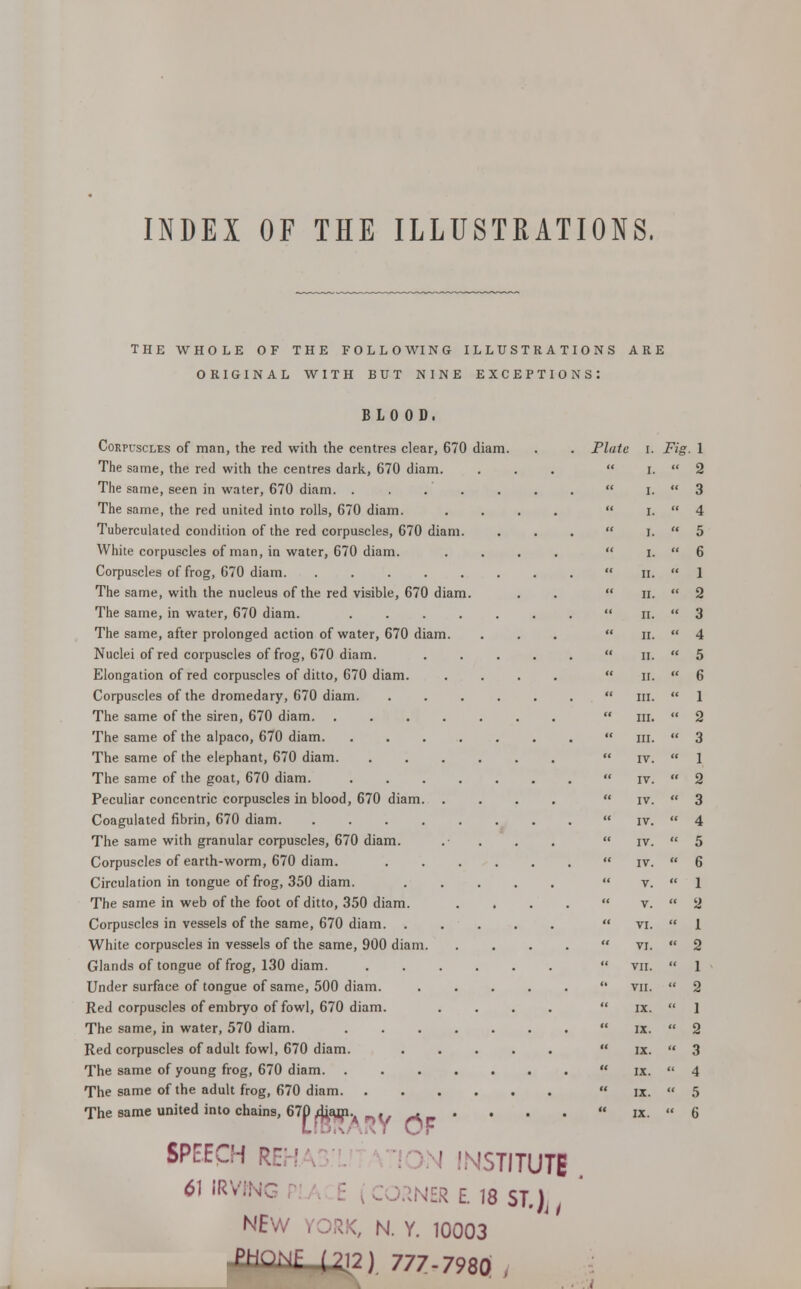 INDEX OF THE ILLUSTRATIONS. THE WHOLE OF THE FOLLOWING ILLUSTRATIONS ARE ORIGINAL WITH BUT NINE EXCEPTIONS: BLOOD. Corpuscles of man, the red with the centres clear, 670 diam. The same, the red with the centres dark, 670 diam. The same, seen in water, 670 diam. . The same, the red united into rolls, 670 diam. Tuberculated condition of the red corpuscles, 670 diam White corpuscles of man, in water, 670 diam. Corpuscles of frog, 670 diam The same, with the nucleus of the red visible, 670 diam The same, in water, 670 diam. The same, after prolonged action of water, 670 diam Nuclei of red corpuscles of frog, 670 diam. Elongation of red corpuscles of ditto, 670 diam. Corpuscles of the dromedary, 670 diam. The same of the siren, 670 diam The same of the alpaco, 670 diam. The same of the elephant, 670 diam. The same of the goat, 670 diam. Peculiar concentric corpuscles in blood, 670 diam. . Coagulated fibrin, 670 diam The same with granular corpuscles, 670 diam. Corpuscles of earth-worm, 670 diam. Circulation in tongue of frog, 350 diam. The same in web of the foot of ditto, 350 diam. Corpuscles in vessels of the same, 670 diam. White corpuscles in vessels of the same, 900 diam. Glands of tongue of frog, 130 diam. Under surface of tongue of same, 500 diam. Red corpuscles of embryo of fowl, 670 diam. The same, in water, 570 diam. Red corpuscles of adult fowl, 670 diam. The same of young frog, 670 diam. The same of the adult frog, 670 diam. SPEECH RE] ■ | INSTITUTE 6] ,RV*NG >nER e. 18 ST.), NEW N. Y. 10003 PHQNF IV2) 777-7980 . Plat i I. Fig. 1 I.  2 I.  3 I. « 4 I.  5 I.  6 II.  1 II.  2 II.  3 II. « 4 II.  5 II.  6 III.  1 III.  2 III.  3 IV.  1 IV.  2 IV.  3 IV.  4 IV.  5 IV. ■ 6 V.  1 V.  2 VI.  1 VI.  2 VII.  1 VII.  2 IX.  1 IX.  2 IX.  3 IX.  4 IX.  5