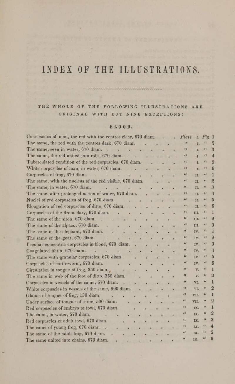 INDEX OF THE ILLUSTRATIONS, THE WHOLE OF THE FOLLOWING ILLUSTRATIONS ARE ORIGINAL WITH BUT NINE EXCEPTIONS: BLOOD. Corpuscles of man, the red with the centres clear, 670 diam. The same, the red with the centres dark, 670 diam. The same, seen in water, 670 diam. ..... The same, the red united into rolls, 670 diam. Tuberculated condition of the red corpuscles, 670 diam. White corpuscles of man, in water, 670 diam. Corpuscles of frog, 670 diam. ..... The same, with the nucleus of the red visible, 670 diam. The same, in water, 670 diam. .... The same, after prolonged action of water, 670 diam. Nuclei of red corpuscles of frog, 670 diam. Elongation of red corpuscles of ditto, 670 diam. Corpuscles of the dromedary, 670 diam. The same of the siren, 670 diam. The same of the alpaco, 670 diam. The same of the elephant, 670 diam. The same of the goat, 670 diam. Peculiar concentric corpuscles in blood, 670 diam. Coagulated fibrin, 670 diam The same with granular corpuscles, 670 diam. Corpuscles of earth-worm, 670 diam. Circulation in tongue of frog, 350 diamv The same in web of the foot of ditto, 350 diam. Corpuscles in vessels of the same, 670 diam. White corpuscles in vessels of the same, 900 diam. Glands of tongue of frog, 130 diam. Under surface of tongue of same, 500 diam. Red corpuscles of embryo of fowl, 670 diam. The same, in water, 570 diam. Red corpuscles of adult fowl, 670 diam. The same of young frog, 670 diam. . . . The same of the adult frog, 670 diam. The same united into chains, 670 diam. I. Fig. 1 I.  2 I.  3 I.  4 I.  5 I.  6 II.  1 II.  2 n.  3 ii. (i 4 ii.  5 ii.  6 in.  1 in.  2 in.  3 TV.  1 IV.  2 IV.  3 rv.  4 IV.  5 IV.  6 V.  1 v.  2 VI.  1 VI.  2 VII.  1 VII.  2 IX.  1 IX.  2 IX.  3 IX.  4 IX.  5