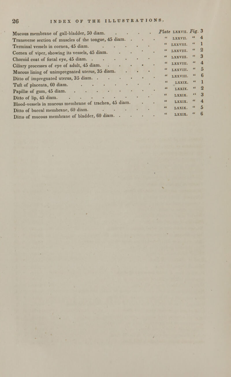 Mucous membrane of gall-bladder, 50 diam. Transverse section of muscles of the tongue, 45 diam. Terminal vessels in cornea, 45 diam. Cornea of viper, showing its vessels, 45 diam. Choroid coat of foetal eye, 45 diam Ciliary processes of eye of adult, 45 diam. Mucous lining of unimpregnated uterus, 35 diam. Ditto of impregnated uterus, 35 diam. . Tuft of placenta, GO diam. Papilla? of gum, 45 diam Ditto of lip, 45 diam Blood-vessels in mucous membrane of trachea, 45 diam. Ditto of buccal membrane, 60 diam. Ditto of mucous membrane of bladder, 60 diam. . Plate lxxvii. Fig. 3  LXXVII. ' « 4  LXXVIII. ' ' 1  LXXVIII. ' ' 2  LXXVIII. < 3  LXXVIII. « 4  LXXVIII. ' 5  LXXVIII. • 6  LXXIX.  1  LXXIX. < 2  LXXIX.  3  LXXIX. « 4  LXXIX. ' 5