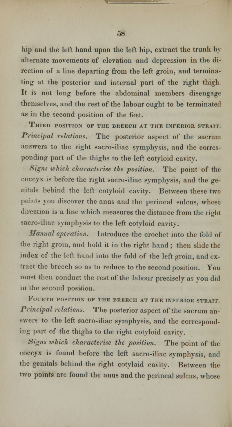 hip and the left hand upon the left hip, extract the trunk by alternate movements of elevation and depression in the di- rection of a line departing from the left groin, and termina- ting at the posterior and internal part of the right thigh. It is not long before the abdominal members disengage themselves, and the rest of the labour ought to be terminated as in the second position of the feet. Third position of the breech at the inferior strait. Principal relations. The posterior aspect of the sacrum answers to the right sacro-iliac symphysis, and the corres- ponding part of the thighs to the left cotyloid cavity. Signs which characterise the position. The point of the coccyx is before the right sacro-iliac symphysis, and the ge- nitals behind the left cotyloid cavity. Between these two points you discover the anus and the perineal sulcus, whose direction is a line which measures the distance from the right .sacro-iliac symphysis to the left cotyloid cavity. Manual operation. Introduce the crochet into the fold of the right groin, and hold it in the right hand; then slide the index of the left hand into the fold of the left groin, and ex- tract the breech so as to reduce to the second position. You must then conduct the rest of the labour precisely as you did in the second position. Fourth position of the breech at the inferior strait. Principal relations. The posterior aspect of the sacrum an- swers to the left sacro-iliac symphysis, and the correspond- ing part of the thighs to the right cotyloid cavity. Signs which characterise the position. The point of the coccyx is found before the left sacro-iliac symphysis, and the genitals behind the right cotyloid cavity. Between the two points are found the anus and the perineal sulcus, whose