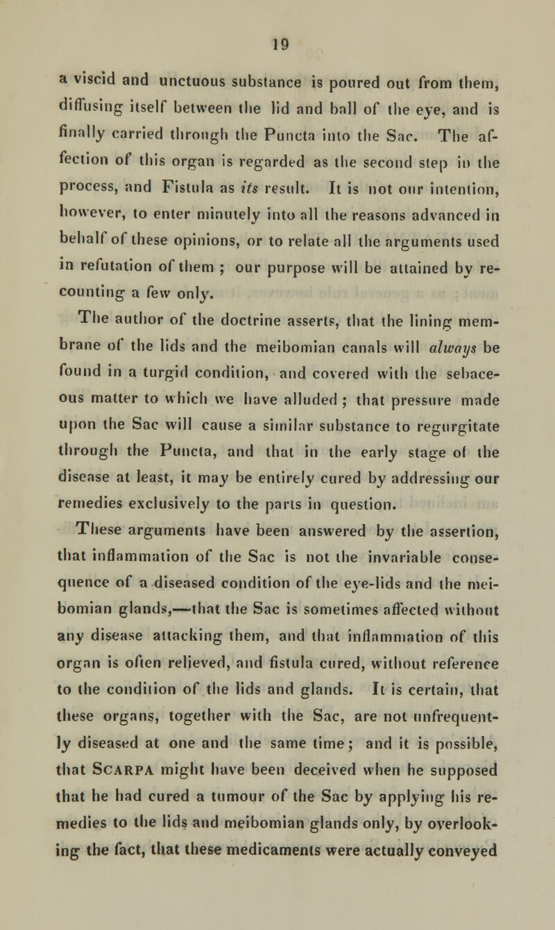 a viscid and unctuous substance is poured out from them, diffusing itself between the lid and ball of the eye, and is finally carried through the Puncta into the Sac. The af- fection of this organ is regarded as the second step in the process, and Fistula as its result. It is not our intention, however, to enter minutely into all the reasons advanced in behalf of these opinions, or to relate all the arguments used in refutation of them ; our purpose will be attained by re- counting a few onty. The author of the doctrine asserts, that the lining mem- brane of the lids and the meibomian canals will always be found in a turgid condition, and covered with the sebace- ous matter to which we have alluded ; that pressure made upon the Sac will cause a similar substance to regurgitate through the Puncta, and that in the early stage of the disease at least, it may be entirely cured by addressing our remedies exclusively to the parts in question. These arguments have been answered by the assertion, that inflammation of the Sac is not the invariable conse- quence of a diseased condition of the eye-lids and the mei- bomian glands,—that the Sac is sometimes affected without any disease attacking them, and that inflammation of this organ is often relieved, and fistula cured, without reference to the condition of the lids and glands. It is certain, that these organs, together with the Sac, are not unfrequent- ly diseased at one and the same time; and it is possible, that Scarpa might have been deceived when he supposed that he had cured a tumour of the Sac by applying his re- medies to the lids and meibomian glands only, by overlook- ing the fact, that these medicaments were actually conveyed