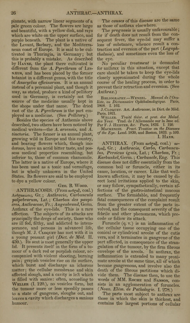 pinnate, with narrow linear segments of a pale green colour. The flowers are large and beautiful, with a yellow disk, and rays which are white on the upper surface, and purple beneath. The plant is a native of the Levant, Barbary, and the Mediterra- nean coast of Europe. It is said to be cul- tivated in Thuringia, in Germany; but this is probably a mistake. As described by Hayne, the plant there cultivated is different from the A. Pyrethrum of Lin- n.tcus, and has been placed by the former botanist in a different genus, with the title of Anacyclus qfficinarum. It is an annual instead of a perennial plant, and though it may, as stated, produce a kind of pellitory used in Germany, is certainly not the source of the medicine usually kept in the shops under that name. The dried root of the A. Pyrethrum is the part em- ployed as a medicine. (See Pellitory.) Besides the species of Anthemis above described, two others have been noticed by medical writers—the A. arvensis, and A. tinctoria. The former is an annual plant, growing wild in Europe and this country, and bearing flowers which, though ino- dorous, have an acrid bitter taste, and pos- sess medical properties resembling, but inferior to, those of common chamomile. The latter is a native of Europe, where it has been used as a tonic and vermifuge, but is wholly unknown in the United States. Its flowers are said to be employed to dye a yellow colour. Geo. B. Wood. ANTHRACOSIS. (From av6g£, coal.) Av0£a*wai;, Gr.; Anthracia, Carbuncula palpebrarum, Lat.; Charbon des paupi- eres, Anthracose, Fr.; Augenbrand, Germ. Anthrax of the eye-lids. This is a rare affection. The subjects of its attacks are principally the dregs of society, those who are ill fed, filthy, and addicted to intem- perance, and persons in advanced life, though M. J. Cloquet has met with it in a young peasant girl (DicL de Med. II. 459.). Its seat is most generally the upper lid. It presents itself in the form of a tu- mour of a dark red or purplish colour, ac- companied with violent shooting, burning pain; grayish vesicles rise on its surface, which burst and discharge an ichorous matter; the cellular membrane and skin affected slough, and a cavity is left which is filled with sanies: often, according to Weller (I. 120.), no vesicles form, but the tumour more or less speedily passes to a state of gangrene, sloughs out, and leaves a cavity which discharges a sanious humour. The causes of this disease are the same as those of anthrax elsewhere. The prognosis is usually unfavourable; for if death does not result from the con- sequent fever, the eye-lid may suffer a loss of substance, whence result a con- traction and eversion of the part (Lagoph- thalmia), and sometimes even the loss of the eye. No peculiar treatment is demanded for anthrax in this situation, except that care should be taken to keep the eye-lids closely approximated during the whole course of the healing process, in order to prevent their retraction and eversion. (See Anthrax.) Bibliography.—Wenzel. Manuel de I'Ocu- liste, on Dictwnnaire Ophthalmologique. Paris, 1808. I. 162. J. CLoauET. Art. Anthracose, in Diet, de Med. Paris, 1821. Weller. Traiti thior. et prat, des Malad. des Yeux. Trad, de l'Allemande sur la 3me ed. Par F. J. Heister, &c. Paris, 1832. I. 120. Mackenzie. Pract. Treatise on the Diseases of the Eye. Lond. 1830, and Boston, 1833. p. 109. I. Hays. ANTHRAX. (From wlgog, coal.) av 0pa|, Gr.; Anthracia, Carbo, Carbuncu- lus, Persicus ignis, Lat.; Charbon, Fr.; Karbunkel, Germ.; Carbuncle, Eng. This disease does not differ essentially from the common boil or furuncle, either in its cause, location, or career. Like that well- known affection, it may be caused by di- rect local irritations applied to the skin, or may follow, sympathetically, certain af- fections of the gastro-intestinal mucous surface. The formidable, and frequently fatal consequences of the complaint result from the greater extent of the parts in- volved, and the consequent severity of the febrile and other phenomena, which pre- cede or follow its attack. Furuncle (q. v.) is an inflammation of the cellular tissue occupying one of the conical or cylindrical areolae of the cutis vera, and it terminates in gangrene of the part affected, in consequence of the stran- gulation of the tumour, by the firm fibrous envelope of the areola. In anthrax, the inflammation is extended to many proxi- mate areolae at the same time, all of which become gangrenous, and involve also the death of the fibrous partitions which di- vide them. The disease then, to use the words of MM. Roche and Sanson, con- sists in an agglomeration of furuncles. (Nouv. Elem. de Pathologic I. 278.) The parts most subject to anthrax are those in which the skin is thickest, and contains the largest portions of cellular