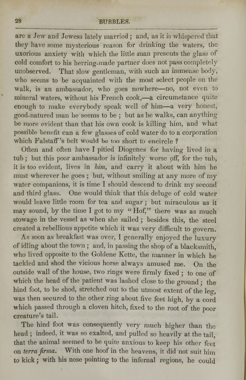 are a Jew and Jewess lately married ; and, as it is whispered that they have some mysterious reason for drinking the waters, the uxorious anxiety with which the little man presents the glass of cold comfort to his herring-made partner does not pass completely unobserved. That slow gentleman, with such an immense body, who seems to be acquainted with the most select people on the walk, is an ambassador, who goes nowhere—no, not even to mineral waters, without his French cook,—a circumstance quite enough to make everybody speak well of him—a very honest, good-natured man he seems to be ; but as he walks, can anything be more evident than that his own cook is killing him, and what possible benefit can a few glasses of cold water do to a corporation which Falstaff 's belt would be too short to encircle ? Often and often have I pitied Diogenes for having lived in a tub; but this poor ambassador is infinitely worse off, for the tub, it is too evident, lives in him, and carry it about with him he must wherever he goes ; but, without smiling at any more of my water companions, it is time I should descend to drink my second and third glass. One would think that this deluge of cold water would leave little room for tea and sugar; but miraculous as it may sound, by the time I got to my  Hof, there was as much stowage in the vessel as when she sailed ; besides this, the steel created a rebellious appetite which it was very difficult to govern. As soon as breakfast was over, I generally enjoyed the luxury of idling about the town ; and, in passing the shop of a blacksmith, who lived opposite to the Goldene Kette, the manner in which he tackled and shod the vicious horse always amused me. On the outside wall of the house, two rings were firmly fixed ; to one of which the head of the patient was lashed close to the ground • the hind foot, to be shod, stretched out to the utmost extent of the lea- was then secured to the other ring about five feet high, by a cord which passed through a cloven hitch, fixed to the root of the poor creature's tail. The hind foot was consequently very much higher than the head ; indeed, it was so exalted, and pulled so heavily at the tail, that the animal seemed to be quite anxious to keep his other feet on terra jirma. With one hoof in the heavens, it did not suit him to kick; with his nose pointing to the infernal regions, he could