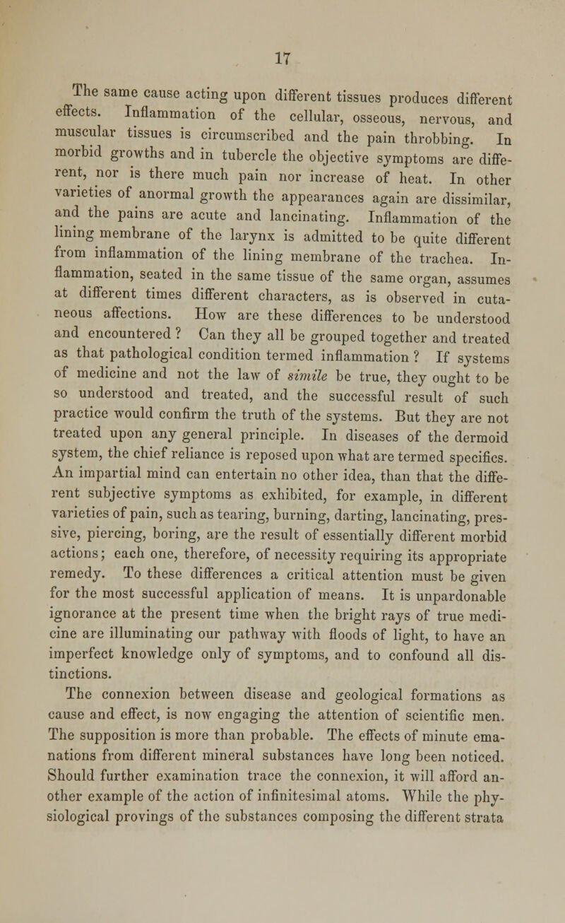 The same cause acting upon different tissues produces different effects. Inflammation of the cellular, osseous, nervous, and muscular tissues is circumscribed and the pain throbbing. In morbid growths and in tubercle the objective symptoms are diffe- rent, nor is there much pain nor increase of heat. In other varieties of anormal growth the appearances again are dissimilar, and the pains are acute and lancinating. Inflammation of the lining membrane of the larynx is admitted to be quite different from inflammation of the lining membrane of the trachea. In- flammation, seated in the same tissue of the same organ, assumes at different times different characters, as is observed in cuta- neous affections. How are these differences to be understood and encountered ? Can they all be grouped together and treated as that pathological condition termed inflammation ? If systems of medicine and not the law of simile be true, they ought to be so understood and treated, and the successful result of such practice would confirm the truth of the systems. But they are not treated upon any general principle. In diseases of the dermoid system, the chief reliance is reposed upon what are termed specifics. An impartial mind can entertain no other idea, than that the diffe- rent subjective symptoms as exhibited, for example, in different varieties of pain, such as tearing, burning, darting, lancinating, pres- sive, piercing, boring, are the result of essentially different morbid actions; each one, therefore, of necessity requiring its appropriate remedy. To these differences a critical attention must be given for the most successful application of means. It is unpardonable ignorance at the present time when the bright rays of true medi- cine are illuminating our pathway with floods of light, to have an imperfect knowledge only of symptoms, and to confound all dis- tinctions. The connexion between disease and geological formations as cause and effect, is now engaging the attention of scientific men. The supposition is more than probable. The effects of minute ema- nations from different mineral substances have long been noticed. Should further examination trace the connexion, it will afford an- other example of the action of infinitesimal atoms. While the phy- siological provings of the substances composing the different strata