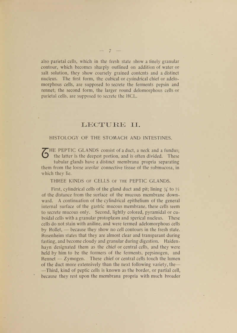 also parietal cells, which in the fresh state show a finely granular contour, which becomes sharply outlined on addition of water or salt solution, they show coarsely grained contents and a distinct nucleus. The first form, the cubical or cylindrical chief or adelo- morphous cells, are supposed to secrete the ferments pepsin and rennet; the second form, the larger round delomorphous cells or parietal cells, are supposed to secrete the HCL. LECTURE II. HISTOLOGY OF THE STOMACH AND INTESTINES. SHE PEPTIC GLANDS consist of a duct, a neck and a fundus; the latter is the deepest portion, and is often divided. These tubular glands have a distinct membrana propria separating them from the loose areolar connective tissue of the submucosa, in which they lie. THREE KINDS OF CELLS OF the PEPTIC GLANDS. First, cylindrical cells of the gland duct and pit; lining % to }i of the distance from the surface of the mucous membrane down- ward. A continuation of the cylindrical epithelium of the general internal surface of the gastric mucous membrane, these cells seem to secrete mucous only. Second, lightly colored, pyramidal or cu- boidal cells with a granular protoplasm and sperical nucleus. These cells do not stain with aniline, and were termed adelomorphous cells by Rollet, — because they show no cell contours in the fresh state. Rosenheim states that they are almost clear and transparant during fasting, and become cloudy and granular during digestion. Haiden- hayn designated them as the chief or central cells, and they were held by him to be the formers of the ferments, pepsinogen, and Rennet — Zymogen. These chief or central cells touch the lumen of the duct more extensively than the next following variety, the— —Third, kind of peptic cells is known as the border, or partial cell, because they rest upon the membrana propria with much broader