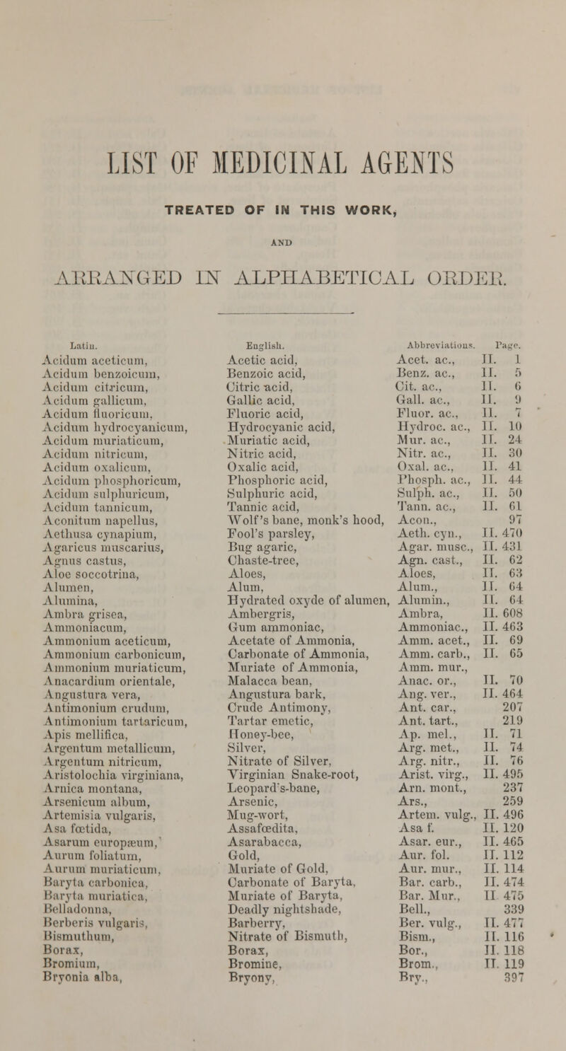 LIST OF MEDICINAL AGENTS TREATED OF IN THIS WORK, AEEAIsTGED m ALPHABETICAL OEDEE. Latin. English. Abbreviations. 1 Acidum aceticum, Acetic acid, Acet. ac, II. 1 Acidum benzoicum, Benzoic acid, Benz. ac, II. 5 Acidum citricum, Citric -acid, Cit. ac. 11. (i Acidum gallicum, Gallic acid, Gall. ac. M. 9 Acidum fiuoricum, Fluoric acid, Fluor, ac, 11. 7 Acidum liydrocyanicum, Hydrocyanic acid, Hydroc. ac, II. 10 Acidum muriaticum, Muriatic acid, Mur. ac, II. 24 Acidum nitricum, Nitric acid, Nitr. ac. II. 30 Acidum oxalicum, Oxalic acid, Oxal. ac, II. 41 Acidum phosphoricum, Phosphoric acid, Phosph. ac, II. 44 Acidum sulphuricum, Sulphuric acid, Sulph. ac, II. 50 Acidum tannicum, Tannic acid, Tann. ac, II. 61 Aconitum napellus, Wolf's bane, monk's hood, Aeon., 97 Aethusa cynapium, Fool's parsley, Aeth. cyn., II. 470 A garicus muscarius, Bug agaric, Agar, muse, 11. 431 Agnus castua, Chaste-tree, Agn. cast., II. 62 Aloe soccotrina, Aloes, Aloes, II. 63 Alumen, Alum, Alum., 11. 64 Alumina, Hydratcd oxyde of alumen, Alum in.. II. 6 1 Ambra grisea, Ambergris, Ambra, 11. 608 Ammoniacum, Gum ammoniac, Ammoniac, II. 463 Ammonium aceticum, Acetate of Ammonia, Amm. acet., II. 69 Ammonium carbonicum, Carbonate of Ammonia, Amm. carb., II. 65 Ammonium muriaticum, Muriate of Ammonia, Amm. mur., Anacardium orientalc, Malacca bean, Anac. or., II. 70 Angustura vera, Angustura bark. Ang. ver., II. 464 Antimonium crudum, Crude Antimony, Ant. car.. 207 Antimonium tartaricum, Tartar emetic. Ant. tart., 219 Apis mellifica, Honey-bee, A p. mel.. II. 71 Argentum metallicuni, Silver, Arg. met., II. 74 Argentum nitricum, Nitrate of Silver, Arg. nitr., II. 76 A ristolochia virginiana, Virginian Snake-root, Arist. virg., II. 495 Aruica montana, Leopard's-bane, Arn. mont., 237 Arsenicum album, Arsenic, Ars., 259 Artemisia vulgaris, Mug-wort, Artem. vulg. , II. 496 Asa feet id a, Assafoedita, Asa f. II. 120 Asarum europreum,' Asarabacca, Asar. eur., II. 465 Aurum foliatum, Gold, Aur. fol. II. 112 Aurum muriaticum. Muriate of Gold, Aur. mur.. II. 114 Marvin carbonica, Carbonate of Baryta, Bar. carb., II. 474 Baryta muriatic a. Muriate of Baryta, Bar. Mur., II 475 Belladonna, Deadly nightshade, Bell., 339 Berberis vulgaris, Barberry, Ber. vulg., II. 477 Bismuthum, Nitrate of Bismuth, Bisni., 11. 116 Borax, Borax, Bor., II. 118 Bromium, Bromine, Brom., II. 119 Bryonia alba, Bryony. Bry.. 397