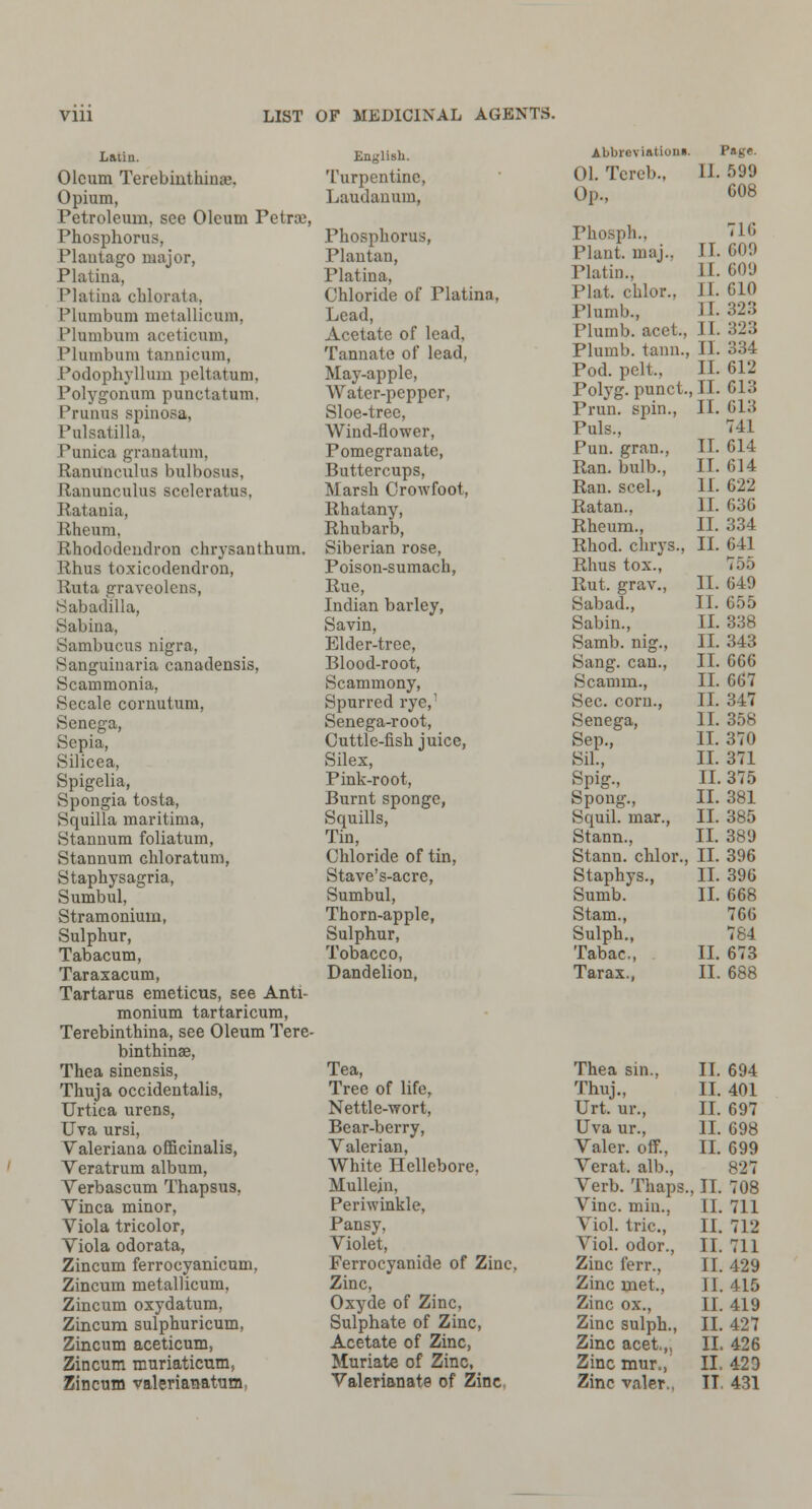 Latin. Oleum Terebinthiuse. Opium, Petroleum, see Oleum Petra:, Phosphoru>. Plautago major, Platina, Platina chlorata, Plumbum metallicum, Plumbum acoticum, Plumbum tannicum, Podophyllum peltatum, Polygonum punotatum. Prunus spinosa, Pulsatilla, Punica granatum. Ranunculus bulbosus, Ranunculus sceleratus, Ratania, Rheum, Rhododendron chrysanthum. Rhus toxicodendron, Ruta graveolens, Sabadilla, Sabina, Sambucus nigra, Sanguinaria canadensis, Scammonia, Secale cornutum. Senega, Sepia, Silicea, Spigelia, Spongia tosta, Squilla maritima, Stannum foliatum, Stannum chloratum, Staphysagria, Sumbul, Stramonium, Sulphur, Tabacum, Taraxacum, Tartarus emeticus, see Anti- monium tartaricum, Terebinthina, see Oleum Tere- binthinae, Thea sinensis, Thuja occidentalis, Urtica urens, Uva ursi, Valeriana officinalis, Veratrum album, Viola tricolor, Viola odorata, Zincum ferrocyanicum, Zincum metallicum, Zincum oxydatum, Zincum aceticum, Zincum muriaticum, Zincum Valeriana turn, English. Turpentine, Laudanum, Phosphorus, Plantan, Platina, Chloride of Platina, Lead, Acetate of lead, Tannate of lead, May-apple, Water-pepper, Sloe-tree, Wind-flower, Pomegranate, Buttercups, Marsh Crowfoot, Rhatany, Rhubarb, Siberian rose, Poison-sumach, Rue, Indian barley, Savin, Elder-tree, Blood-root, Scammony, Spurred rye,1 Senega-root, Cuttle-fish juice, Silex, Pink-root, Burnt sponge, Squills, Tin, Chloride of tin, Stave's-acre, Sumbul, Thorn-apple, Sulphur, Tobacco, Dandelion, Tea, Tree of life, Nettle-wort, Bear-berry, Valerian, White Hellebore. Pansy, Violet, Ferrocyanide of Zinc. Zinc, Oxyde of Zinc, Acetate of Zinc, Muriate of Zinc, Valerianate of Zinc Abbreviation*. Page. 01. Tereb., EL 599 Op., 608 Phosph., Plant, maj.. Platin., Plat, chlor., Plumb., Plumb, acet., Plumb, tann., Pod. pelt., Polyg. punct., Prim, spin., Puis., Pun. gran., Ran. bulb., Ran. seel., Ratan., Rheum., Rhod. chrys., Rhus tox., Rut. grav., Sabad., Sabin., Samb. nig., Sang, can., Scannn., Sec. corn., Senega, Sep., Sil., Spig., Spong., Squil. mar., Stann., Stanu. chlor., Staphys., Sumb. Stam., Sulph., Tabac., Tarax., Thea sin.. Thuj., Urt. ur., Uva ur., Valer. off., Verat. alb., Viol, trie, Viol, odor., Zinc ferr., Zinc met., Zinc ox., Zinc acet,, Zinc mur,, Zinc valer., 716 IT. 609 II. 609 II. G10 II. 32:; II. 323 II. 334 II. 612 II. 613 II. 613 741 II. 614 II. 614 II. 622 II. 636 II. 334 II. 641 755 II. 649 II. 655 II. 338 II. 343 II. 666 II. 667 II. 347 II. 358 II. 370 II. 371 II. 375 II. 381 II. 385 II. 389 II. 396 II. 396 II. 668 766 781 II. 673 II. 688 II. 694 II. 401 II. 697 II. 698 II. 699 827 II. 712 II. 711 II. 429 II. 415 II. 419 II. 426 II. 423 II. 431