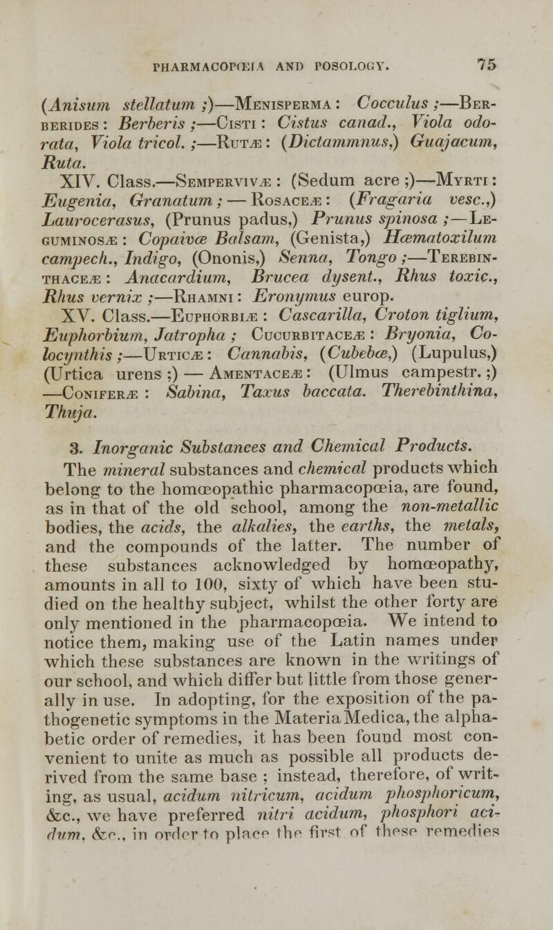 (Anisum stellatum ;)—Menisperma : Cocculus ;—Ber- berides : Berberis ;—Cisti : Cistus canad., Viola odo- rata, Viola tricol.;—Rut,e : (Dictammnus,) Guajacum, Ruta. XIV. Class.—Semperviv^; : (Sedum acre ;)—Myrti : Eugenia, Granatum; — Rosacea : (Fragaria vesc.,) Laurocerasus, (Primus padus,) Prunus spinosa ;—Le- guminoste : Copaivce Balsam, (Genista,) Hcematoxilum campech., Indigo, (Ononis,) Senna, Tongo ;—Terebin- th ace^e : Anacardium, Brucea dysent., Rhus toxic, Rhus vernix ;—Rhamni : Eronymus europ. XV. Class.—Euphorbi/e : Cascarilla, Croton tiglium, Euphorbium, Jatropha ; Cucurbitace^e : Bryonia, Co- locynthis;—Urtic^e: Cannabis, (Cubebce,) (Lupulus,) (Urtica urens ;) — Amentace^e : (Ulmus campestr.;) —Conifers : Sabina, Taxus baccata. Therebinthina, Thuja. 3. Inorganic Substances and Chemical Products. The mineral substances and chemical products which belong to the homoeopathic pharmacopoeia, are found, as in that of the old school, among the non-metallic bodies, the acids, the alkalies, the earths, the metals, and the compounds of the latter. The number of these substances acknowledged by homoeopathy, amounts in all to 100, sixty of which have been stu- died on the healthy subject, whilst the other forty are only mentioned in the pharmacopoeia. We intend to notice them, making use of the Latin names under which these substances are known in the writings of our school, and which differ but little from those gener- ally in use. In adopting, for the exposition of the pa- thogenetic symptoms in the MateriaMedica, the alpha- betic order of remedies, it has been found most con- venient to unite as much as possible all products de- rived from the same base ; instead, therefore, of writ- ing, as usual, acidum nitricum, acidum plwsphoricum, &c, we have preferred nitri acidum, phosphori acu dvm. &r.. in order to place the first of those remedies