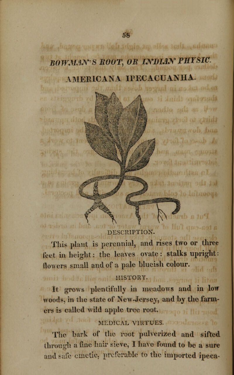 *8 BOWMAN'-8 BOOT, OR INDIAN THY SIC. AMERICANA IPECACUANHA. DESCRIPTION. This plant is perennial, and rises two or three feet in height: the leaves ovate: stalks upright: {lowers small and of a pale blueish colour. HISTORY. It grows plentifully in meadows and in low woods, in the state of New-Jersey, and hy the farm- ers is called wild apple tree root. MEDICAL VIRTUES. The hark of the root pulverized and sifted throuarli a fine hair sieve, 1 have found to be a sure and safe emetic, preferable to the imported ipeca-