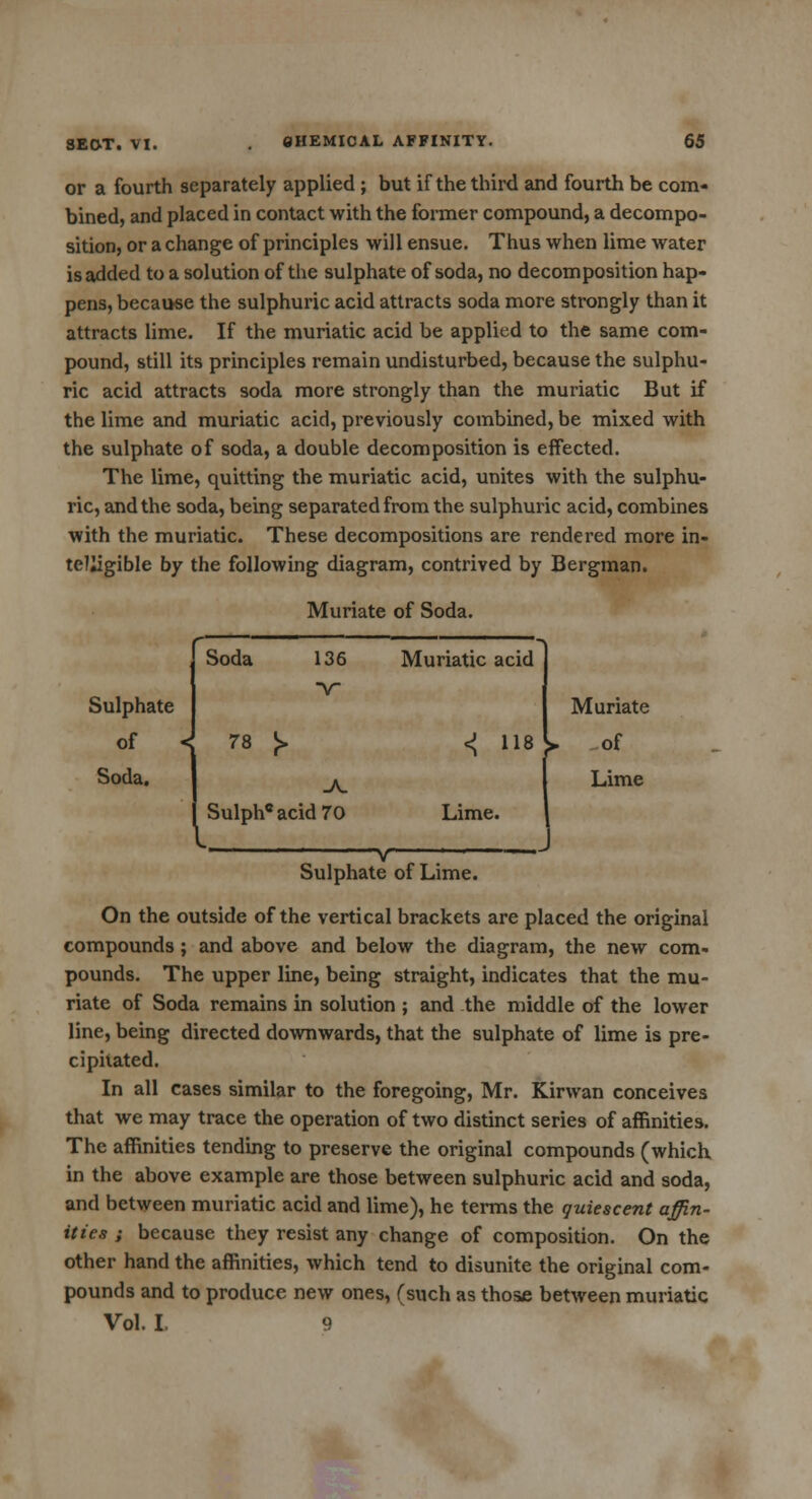 8HEMICAL AFFINITY. 65 or a fourth separately applied ; but if the third and fourth be com- bined, and placed in contact with the former compound, a decompo- sition, or a change of principles will ensue. Thus when lime water is added to a solution of the sulphate of soda, no decomposition hap- pens, because the sulphuric acid attracts soda more strongly than it attracts lime. If the muriatic acid be applied to the same com- pound, still its principles remain undisturbed, because the sulphu- ric acid attracts soda more strongly than the muriatic But if the lime and muriatic acid, previously combined, be mixed with the sulphate of soda, a double decomposition is effected. The lime, quitting the muriatic acid, unites with the sulphu- ric, and the soda, being separated from the sulphuric acid, combines with the muriatic. These decompositions are rendered more in- telligible by the following diagram, contrived by Bergman. Muriate of Soda. Soda 136 Muriatic acid Sulphate V of < 78 J> <; 118 Soda. J^ Sulphcacid70 Lime. v ' Sulphate of Lime. On the outside of the vertical brackets are placed the original compounds ; and above and below the diagram, the new com- pounds. The upper line, being straight, indicates that the mu- riate of Soda remains in solution ; and the middle of the lower line, being directed downwards, that the sulphate of lime is pre- cipitated. In all cases similar to the foregoing, Mr. Kirwan conceives that we may trace the operation of two distinct series of affinities. The affinities tending to preserve the original compounds (which in the above example are those between sulphuric acid and soda, and between muriatic acid and lime), he terms the quiescent affin- ities ; because they resist any change of composition. On the other hand the affinities, which tend to disunite the original com- pounds and to produce new ones, (such as those between muriatic Vol. I. 9