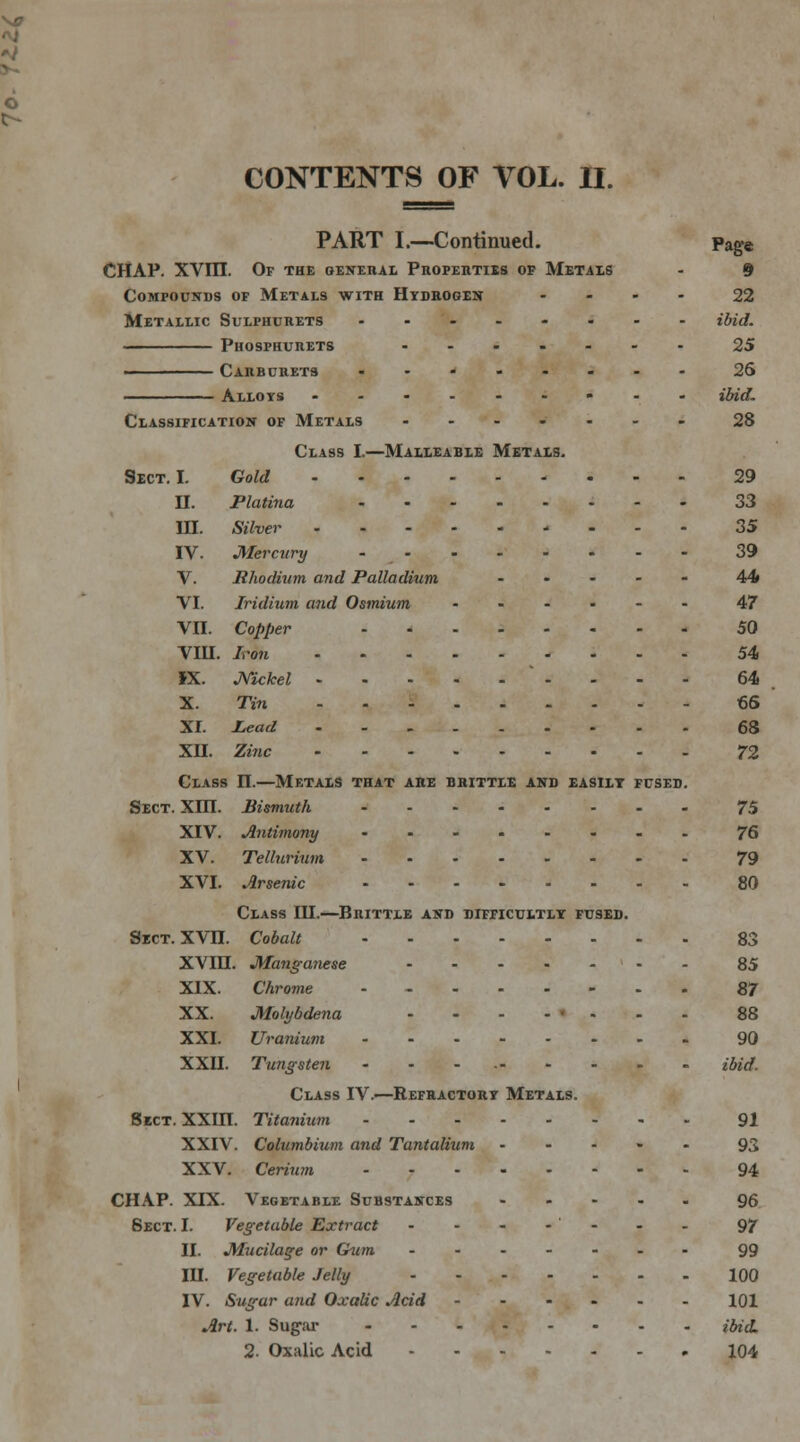 O CONTENTS OF VOL. II. PART I.—Continued. page CHAP. XVIII. Of the general Properties op Metals - 9 Compounds of Metals with Hydrogen .... 22 Metallic Sulphurets ..-.-.-- ibid. Phosphurets ....... 25 ■ Carburets ........ 26 ————— Alloys .....-»-- ibid. Classification of Metals ....... 28 Class I.—Malleable Metals. Sect. I. Gold 29 II. Platina 33 HI. Silver 35 IV. Mercury - 39 V. Rhodium and Palladium ..... 44 VI. Iridium a?id Osmium ...... 47 VII. Copper 50 VIU. I>on 54 IX. JYickel - 64 X. Tin 66 XI. Lead 68 XH. Zinc 72 Class H—Metals that are brittle and easilt fused. Sect. XHI. Bismuth 75 XIV. Antimony 76 XV. Tellurium 79 XVI. Arsenic 80 Class IH.—Brittle and difficultly fused. Sect. XVn. Cobalt 83 XVIH. Manganese 85 XIX. Chrome - 87 XX. Mohjbdena 88 XXI. Uranium 90 XXU. Tungsten - - -- ibid. Class IV.—Refractory Metals. Sect. XXin. Titanium 91 XXIV. Columbium and Tantalium 93 XXV. Cerium 94 CHAP. XIX. Vegetable Substances 96 Sect. I. Vegetable Extract ....... gjr II. Mucilage or Gum ....... 99 IH. Vegetable Jelly 100 IV. Sugar and Oxalic Acid 101 Art. 1. Sugar ibid. 2. Oxalic Acid 104