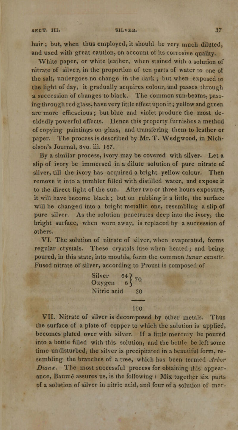 hair ; but, when thus employed, it should be very much diluted, and used with great caution, on account of its corrosive quality. White paper, or white leather, when stained with a solution of nitrate of silver, in the proportion of ten parts of water to one of the salt, undergoes no change in the dark ; but when exposed to the light of day, it gradually acquires colour, and passes through a succession of changes to black. The common sun-beams, pass- ing through red glass, have very little effect upon it; yellow and green are more efficacious; but blue and violet produce the most de- cidedly powerful effects. Hence this property furnishes a method of copying paintings on glass, and transfering them to leather or paper. The process is described by Mr. T. Wedgwood, in Nich- olson's Journal, 8vo. iii. 167. By a similar process, ivory may be covered with silver. Let a slip of ivory be immersed in a dilute solution of pure nitrate of silver, till the ivory has acquired a bright yellow colour. Then remove it into a tumbler filled with distilled water, and expose it to the direct light of the sun. After two or three hours exposure, it will have become black ; but on rubbing it a little, the surface will be changed into a bright metallic one, resembling a slip of pure silver. As the solution penetrates deep into the ivory, the bright surface, when worn away, is replaced by a succession of others. VI. The solution of nitrate of silver, when evaporated, form? regular crystals. These crystals fuse when heated; and being poured, in this state, into moulds, form the common lunar caustic Fused nitrate of silver, according to Proust is composed of Silver 64) _. /-» r > 70 Oxygen 6 $ Nitric acid 30 ICO VII. Nitrate of silver is decomposed by other metals. Thus the surface of a plate of copper to which the solution is applied, becomes plated over with silver. If a little mercury be poured into a bottle filled with this solution, and the bottle be left some time undisturbed, the silver is precipitated in a beautiful form, re- sembling the branches of a tree, which has been termed Arbor Diana. The most successful process for obtaining this appear- ance, Baumc assures us, is the following : Mix together six parts of a solution of silver in nitric acid, and four of a solution of mer-
