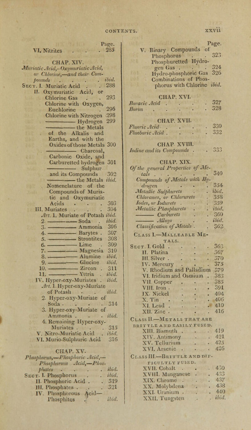 VI. Nitrites Page. . 285 CHAP. XIV. Muriatic Acid,- Oxymuriatic Acid, or Chlorine,—and their Com- pounds .... ibid. Sect. I. Muriatic Acid . . 288 II. Oxymuriatic Acid, or Chlorine Gas . . 293 Chlorine with Oxygen, Euchlorine . 296 Chlorine with Nitrogen 298 Hydrogen 299 the Metals of the Alkalis and Earths, and with the Oxides of those Metals 300 Charcoal, Carbonic Oxide, and Carburetted hydrogen 301 Sulphur and its Compounds 302 the Metals ibid. Nomenclature of the Compounds of Muria- tic and Oxymuriatic Acids . • . 303 III. Muriates . . . 304 Art. 1. Muriate of Potash ibid. 2. 3. 4. 5. 6. 7- 8. 9. 10. 11. • Soda . Ammonia Barytes . Strontites • Lime ■ Magnesia - Alumine - Glucine - Zircon . - Yttria . ibid. 306 307 308 309 310 ibid. ibid. 311 ibid. ibid. IV. Hyper-oxy-Muriates Art. 1. Hyper-oxy-Muriate of Potash . . ibid. 2- Hyper-oxy-Muriate of So'da .... 314 3. Hyper-oxy-Muriate of Ammonia . . . ibid. 4. Remaining Hyper-oxy- Muriates . . . 315 V. Nitro-Miiriatic Acid . ibid. VI. Murio-Sulphuric Acid 316 CHAP. XV. Phosphorus,—Phosphoric Acid,— Phosphorous Acid,—Phos- phates .... ibid. Sect- I. Phosphorus . . ibid. II. Phosphoric Acid . .319 HI. Phosphates . . . 321 IV. Phosphorous Acid— Phosphites . . ibid. Page. V. Binary Compounds of Phosphorus . • 323 Phosphuretted Hydro- gen Gas . . . 324 Hydro-phosphoric Gas 326 Combinations of Phos- phorus with Chlorine ibid. CHAP. XVI. Boracic Acid .... 327 Boron . «^28 CHAP. XVII. Fluoric Acid .... 330 Fluoboric Acid .... 332 CHAP XVIH. Iodine audits Compounds . . 333 CHAP. XIX. Of the general Properties of Me- tals . . . . . 340 Compounds of Metals with Hy- drogen .... 354 Metallic Sulphurets . . ibid. Chloranes, or Chlorurets . 358 lodes, or Jodurets . . . 359 Metallic Phosphurets . . ibid. Carburets . . 360 Alloys . . . ibid. Classification of Metals . . 362' Class I.—Malleable Me- tals. Sect. I. Gold .... 363 IT. Platina . . .367 III. Silver . . . .370 IV. Mercury . . .375 V. Rhodium and Palladium 379 VI. Iridium and Osmium . 383 VII Copper . • .385 VIII. Iron . . . .391 IX. Nickel . . . 404 X. Tin . • . 406 XI. Lead . . . .410 XII. Zinc .... 416 Class 11.—Metals that are brittle and easily fused. XIII. Bismuth . . . 419 XIV. Antimony . . 421 XV. Tellurium . . 425 XVI. Arsenic . . . 426 ClassIII.—Brittle and dif- ficultly FUSED. XVII. Cobalt . . . 430 XVIH. Manganese . . 433 XIX. Chrome . . . 437 XX. Molybdeua ' . • 438 XXI. Uranium . . . 440 XXtl. Tungsten .. . ibid.