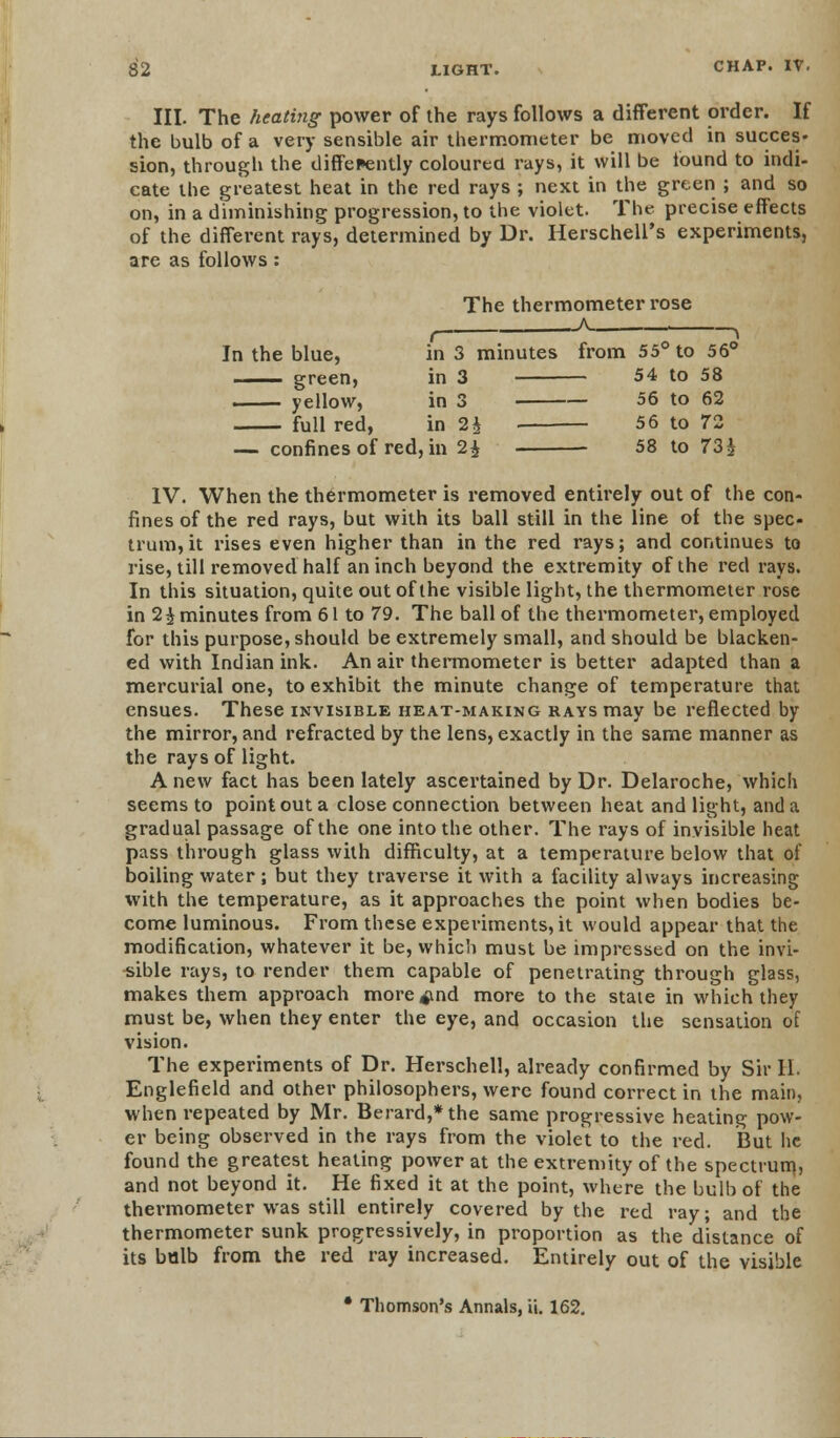 III. The heating power of the rays follows a different order. If the bulb of a very sensible air thermometer be moved in succes- sion, through the differently coloured rays, it will be found to indi- cate tbe greatest heat in the red rays ; next in the green ; and so on, in a diminishing progression, to the violet. The precise effects of the different rays, determined by Dr. Herschell's experiments, are as follows : The thermometer rose , A In the blue, in 3 minutes from 55° to 56° green, in 3 54 to 58 yellow, in 3 56 to 62 full red, in 2* ■ 56 to 72 - confines of red, in 2£ 58 to 73 J IV. When the thermometer is removed entirely out of the con- fines of the red rays, but with its ball still in the line of the spec- trum, it rises even higher than in the red rays; and continues to rise, till removed half an inch beyond the extremity of the red rays. In this situation, quite out of the visible light, the thermometer rose in 2^ minutes from 61 to 79. The ball of the thermometer, employed for this purpose, should be extremely small, and should be blacken- ed with Indian ink. An air thermometer is better adapted than a mercurial one, to exhibit the minute change of temperature that ensues. These invisible heat-making rays may be reflected by the mirror, and refracted by the lens, exactly in the same manner as the rays of light. Anew fact has been lately ascertained by Dr. Delaroche, which seems to point out a close connection between heat and light, and a gradual passage of the one into the other. The rays of invisible heat pass through glass with difficulty, at a temperature below that of boiling water ; but they traverse it with a facility always increasing with the temperature, as it approaches the point when bodies be- come luminous. From these experiments, it would appear that the modification, whatever it be, which must be impressed on the invi- sible rays, to render them capable of penetrating through glass, makes them approach more^nd more to the state in which they must be, when they enter the eye, and occasion the sensation of vision. The experiments of Dr. Herschell, already confirmed by Sir II. Englefield and other philosophers, were found correct in the main, when repeated by Mr. Berard,*the same progressive heating pow- er being observed in the rays from the violet to the red. But lie found the greatest heating power at the extremity of the spectrum, and not beyond it. He fixed it at the point, where the bulb of the thermometer was still entirely covered by the red ray; and the thermometer sunk progressively, in proportion as the distance of its bulb from the red ray increased. Entirely out of the visible • Thomson's Annals, ii. 162.