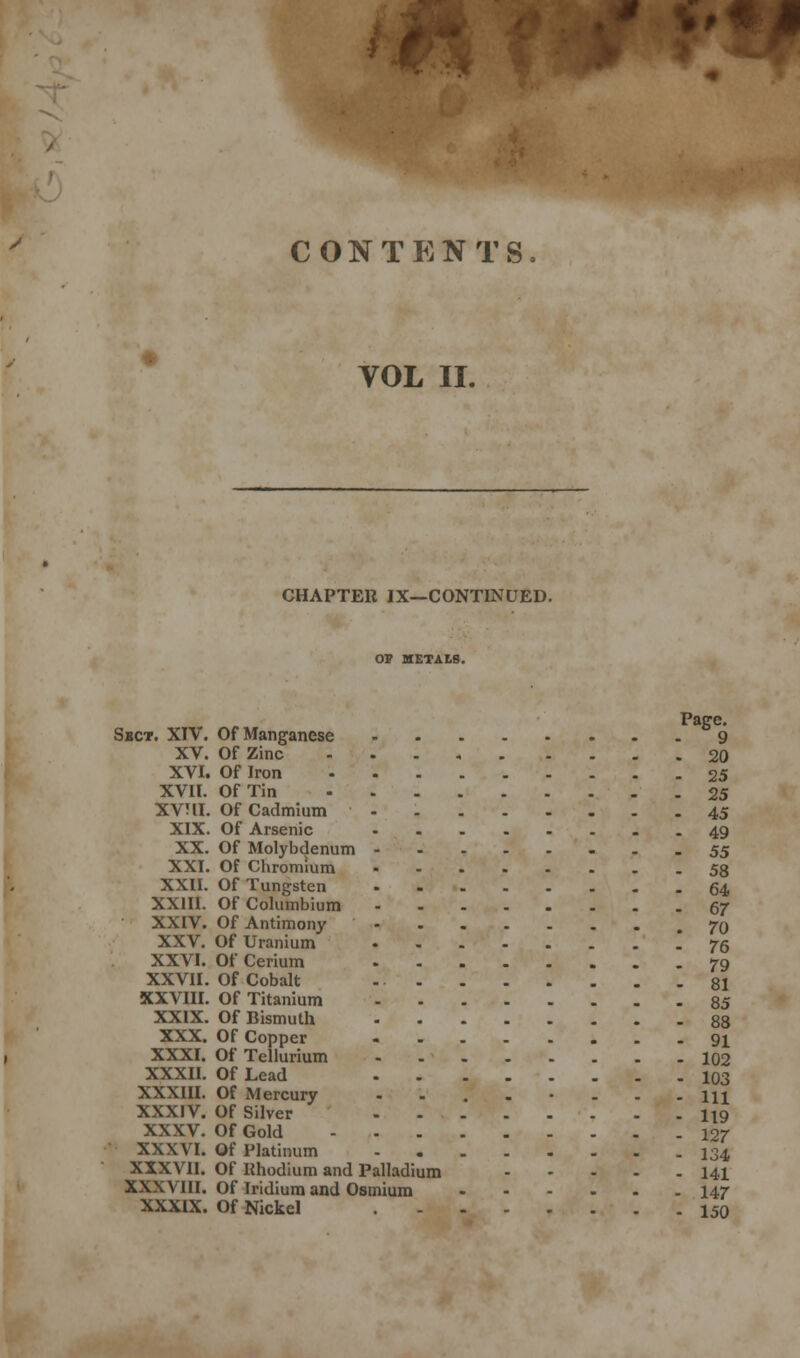■■ CONTENTS VOL II. CHAPTER IX—CONTINUED. OV METALS. Page. Sbct. XIV. Of Manganese 9 XV. Of Zinc 20 XVI. Of Iron 25 XVII. Of Tin 25 XV?II. Of Cadmium 45 XIX. Of Arsenic ..49 XX. Of Molybdenum 55 XXI. Of Chromium 58 XXII. Of Tungsten 64 XXIII. OfColumbium 67 XXIV. Of Antimony 70 XXV. Of Uranium * 76 XXVI. Of Cerium 79 XXVII. Of Cobalt 81 XXVIII. Of Titanium 85 XXIX. Of Bismuth 88 XXX. Of Copper - -91 XXXI. Of Tellurium 102 XXXII. Of Lead 103 XXXIII. Of Mercury --.-•--- Ill XXXIV. Of Silver 119 XXXV. Of Gold 127 XXXVI. Of Platinum 134 XXXVII. Of Rhodium and Palladium 141 XXXVIII. Of Iridium and Osmium 147 XXXIX. Of Nickel 150