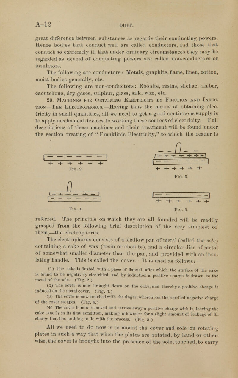 great difference between substances as regards their conducting powers. Hence bodies that conduct well are called conductors, and those that conduct so extremely ill that under ordinary circumstances they may be regarded as devoid of conducting powers are called non-conductors or insulators. The following are conductors: Metals, graphite, flame, linen, cotton, moist bodies generally, etc. The following are non-conductors: Ebonite, resins, shellac, amber, caoutchouc, dry gases, sulphur, glass, silk, wax, etc. 20. Machines for Obtaining Electricity by Friction and Induc- tion—The Electrophorus.—Having thus the means of obtaining elec- tricity in small quantities, all we need to get a good continuous supply is to apply mechanical devices to working these sources of electricit}'. Pull descriptions of these machines and their treatment will be found under the section treating of  Franklinic Electricity, to which the reader is --(1- - Fig. 2. -♦--+- H 1- ■ Fig. 3. Fig. 4. Fig. 5. referred. The principle on which they are all founded will be readil^^ grasped from the following brief description of the very simplest of them,—the electrophorus. The electrophorus consists of a shallow pan of metal (cnlled the sole) containing a cake of wax (resin or ebonite), and a circular disc of metal of somewhat smaller diameter than the pan, and provided with an insu- lating handle. This is called the cover. It is used as follows: (1) The cake is dusted with a piece of flannel, after which the surface of the cake is found to be negatively electrified, and by induction a positive charge is drawn to the metal of the sole. (Fig. 2.) (2) The cover is now brought down on the cake, and thereby a positive charge is induced on the metal cover. (Fig. 3.) (3) The cover is now touched with the finger, whereupon the repelled negative charge of the cover escapes. (Fig. 4.) (4) The cover is now removed and carries away a positive charge with it, leaving the cake exactly in its first condition, making allowance for a slight amount of leakage of its charge that has nothing to do with the process. (Fig. 5.) All we need to do now is to mount the cover and sole on rotating plates in such a way that when the plates are rotated, by hand or other- wise, the cover is brought into the presence of the sole, touched, to carry