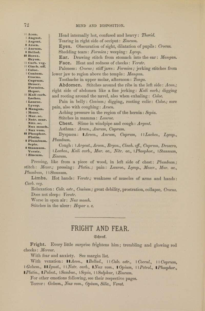 Head internally hot, confused and heavy: Therid. Tearing in right side of occiput: Zincum. Eyes. Obscuration of sight, dilatation of pupils: Crocus. Shedding tears: Formica; weeping: Lycop. Ear. Drawing stitch from stomach into the ear: Mangan. Face. Heat and redness of cheeks: Veratr. Paleness: Crocus; stiff jaws: Formica; jerking stitches from lower jaw to region above the temple: Mangan. Toothache in upper molar, afternoon: Tongo. Abdomen. Stitches around the ribs in the left side: Aeon.; right side of abdomen like a fine jerking: Kali carb.; digging and rooting around the navel, also when exhaling: Coloc. Pain in belly: Conium; digging, rooting colic: Coloc; sore pain, also with coughing: Arsen. Aching pressure in the region of the hernia: Sepia. Stitches in mamma: Lauroc. Chest. Slime in windpipe and cough: Argent. Asthma: Arsen., Aurum, Cuprum. Dyspnoea: I Arsen., Aurum, Cuprum, II Laches., Lycop., Plumbum. Cough: I Argent, Arsen., Bryon., Cinch, off., Cuprum, Drosera, I Laches., Kali carb., Mur. ac, Nitr. ac, \ Phosphor., \Stannum, Zincum. Pressing, like from a piece of wood, in left side of chest: Plumbum; stitch: Mezer.; pressing: Platin.; pain: Lauroc, Lycop., Meter., Mur. ac, Plumbum, I \Stannum. Limbs. Hot hands: Veratr.; weakness of muscles of arms and hands: Carb. veg. Relaxation: Calc ostr., Conium; great debility, prostration, collapse, Crocus. Does not sleep: Veratr. Worse in open air: Nux mosch. Stitches in the ulcer: Hepar s. c FRIGHT AND FEAR. ©djrecf. Fright. Every little surprise frightens him; trembling and glowing red cheeks: Mercur. With fear and anxiety. See margin list. With vexation: IIAeon., \Bellad., II Calc ostr., I Coccul., II Cuprum, \Gelsem., llLgnat., WNatr. carb., \Nux vom., I Opium, I I Petrol., iPhosphor., I Platin., iPulsat., \Sambuc, I Sepia, II Sulphur, I Zincum. For other emotions following, see their respective pages. Terror: Gelsem., Nux vom., Opium, Silic, Verat. I August. I Argt'iit. I Arsen. II A ii i ii in. I Bellad. 08 Borax. Bryon. II Carb. veg. 11 Cincb. off. I Coloc. I Conium. Crocus. Cuprum. Droser. Formica. Hepar. 11 Kali carb. Lacbes. I Lauroc. tycop. I Mangan. I Mezer. I Mur. ac. I Natr. mur. Nitr. ac. Nux mosch, I Nux vom. II Pbospbor. Platin. I Plumbum. Sepia. I Stannum. Veratr. I Zincum.