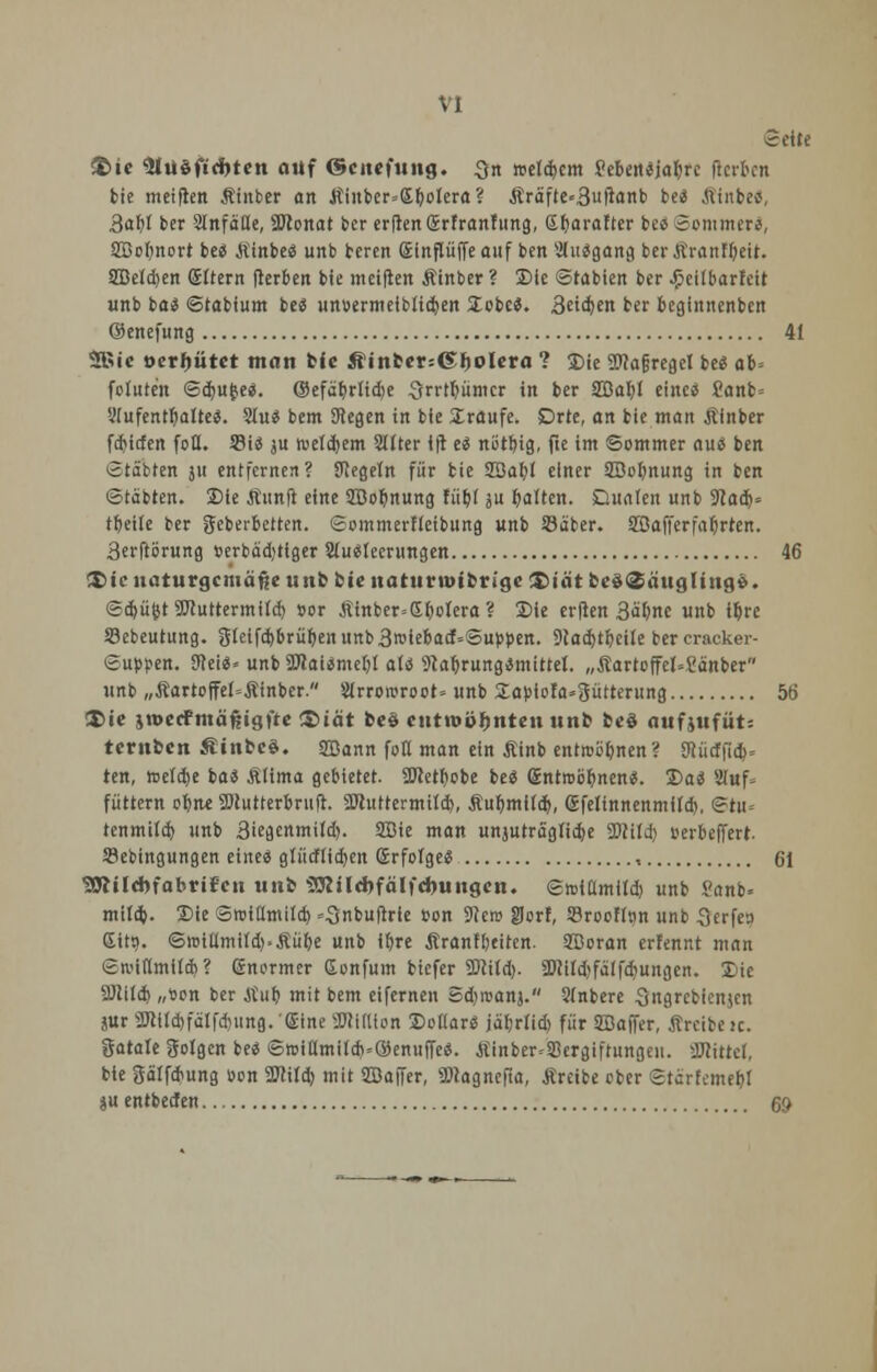 Seite £>ie cHuöfid)ten auf ©cnefung. $n reellem tfebettäjafcrc fierben bte metflen Ätnber an Äinber=Sljolera? Äräfte«3uftanb be« .tttnbeo, 3af)l ber Stnfäde, aflonat ber erfrenSrfranfung, ß^arafter be<s Sommer«, Sßofjnort be« Äinbe« unb beren Sinflüffe auf ben Shtägang berÄranffteit. 2Beld)en Gjftern Herben bie meiften Äinber ? Die ©rabien ber ^eilbarteit unb ba« ©tabium bei unoermelblidien lobe». Seiten ber beginnenben ©enefung 41 2Btc oerfiütct man bie Äinter=6rjoIera ? Die 2J?a§regeI be« ai-- folute'n ©djufce«. ©efä^rlidje 3rrtt)ümcr in ber 2Bal)l eine« Canb« Siufentfjalre«. 91u« bem Siegen in bie £raufe. Drte, an bie man Äinber feinden fott. 53i« ju tue(d)em Sllter i|t ei nötbig, fie im Sommer au* ben ©täbten ju entfernen? Siegeln für bie SBaljt einer SBobnung in ben ©täbten. Die fiunfi eine SBoljnung fübl su galten. Dualen unb 9?aä> tbeile ber geberbetten. ©ommerfleibung unb Säber. SDafferfaljrtert. 3erftörung »erbäd)tiger Ausleerungen 46 Xif naturgemäße unb bie narurtuifcrige $>iat be$($äugltng». ©djüfct Wuttermild) »or ßinber=Spolera ? Die erften 3äl)ne unb ir>re Sebeutung. 3leifd)brül)enunb3ioiebaci»Su»pen. Stadjtbeile bercracker- ©uppen. 3?ei«» unb SDtatametjl aU 9laf)rung«mittel. „ftartcffel»£änber «nb „fiartoffel=fiinber. 2lrroioroot= unb £apiofa=3ütterung 56 $>ie jroerfmäßigfte ISiät fceö cntroöfjnten unfc feeö auf,ufüt: ternten ÄinbcS. SUann fott man ein fiinb entiobbnen? 5iücffiä> ten, meldje bas Älima gebietet. SWetbobe be« Güntroöfynen«. Da« Sfuf* füttern obne Söiutterbruft. SWuttermild), Äu^mUd), Gfelinnenmfld), ©tu- tenmild) unb 3iegenmild). 2Bie man unjuträglid)e SOJi(d) »erbefferi. SJebingungen eine« gtücflidjen örfotge« , 61 SJlilcfofabrifcn unb 3ÄJlcbfälfd)ungcn. ©ti>iumild> unb Sanb» mild). Die ©roillmild) «Siibuftrte ton 9?cro gjorf, Srooflnn unb 3erfea (EittJ. S»iUmild).Äübe unb ifjre firanffjeiren. SSSoran erfennt man ©iviflmildi? <5normer (Jonfum biefer 9J?itd). 2Hfld)fä(fd)ungen. Die SÖlild) „son ber Auf) mit bem eifernen Sd)rcanj. Slnbere Sngrebienjen jur 3Kild)fäIfd)ung. 'Sine 9J!iIUon Dollar« jäfjrlid) für SBaffer, treibe ic. gatalegolgcn be« ©rcillmi[d>=©enuffc«. Äinber=33ergiftungen. üJJittel, bie gälfdiung »on TOd) mit 2Baffer, «Magnefta, Äreibe ober ©tärfemebl ju enrbetfen 69