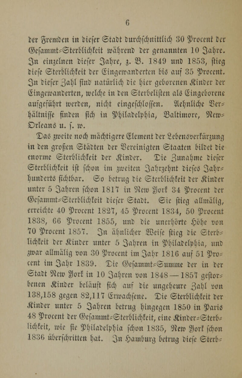 ®efammt^@tcrb(td)fcit loaijrcnb ter genannten 10 3a^re. 3n einzelnen biefer 3at)re, 5. 33. 1849 unb 1853, ftieg tiefe <StcrbHd)fcit kr Singciranbcrtcn Mi auf 35 §>roccnt. 3n Hefer 3al)l futb uatürlid) bie I)ier geborenen Äinber ber Singcioanbertcn, t»cld)e in Im (Sterbeliften aU Eingeborene aufgeführt »erben, nid)t etngefd)Ioffcn. 2iel)nltd)e 3>er? fyältntffe ftnbcn ftd) in $fyitabel|>t)ia, Baltimore, 9ieru- Drleanö u. f. ». Daß jnmre nod) mächtigere filement ber Sebenäserfürjung in ben großen Stäbten ber bereinigten Staaten bilbet bie enorme ©terblidjfeti ber Jtinber. Die ßvma^mt tiefer ©terMtdjfett ift fdjon im jroeiten Sa^^e^nt biefcö 34*'- Imnbcrtß fidtbar. (So betrug bie (Sterblid)feit ber Äinber unter 5 3al)ren fd)on 181t in SRero gjorf 34 $roccnt ber ©efamrat*<Sterbltd)feit btefer Stabt. (Sie ftieg allmältg, erreichte 40 $roccnt 182V, 45 $rocent 1834, 50 $roceut 1838, 66 §)rocent 1855, unb bie unerhörte £öbe öon 10 ^rocent 1851. 3n ätynltdjer Seife ftieg bie ©terb* Iidjfctt ber Äinber unter 5 3at)ren in ${)ilarclpl)ia, unb 3»ar aümalig oon 30 $roccnt im Satyr 1816 auf 51 9>ro? cent im Satyr 1839. Die ©efammt^Summe Der in ber ©tobt 9cet» §)orl in 10 Satyren son 1848 — 1851 geftor^ benen Äinber belauft ftd) auf Ik ungeheure 3atyl tion 138,158 gegen 82,111 toactyfene. Die <SterbIid)fctt ber Äinber unter 5 Satyren betrug hingegen 1850 in $arla 48 ^rocent ber ©efammt^@tcrbiid)feit, eine Ätnber*@terb* Uctyfett, »ie fte ^tyitabefytyia fd)on 1835, «Rc» gjorf \&on 1836 Übertritten tyat. 3n Hamburg betrug biefe ©terb*